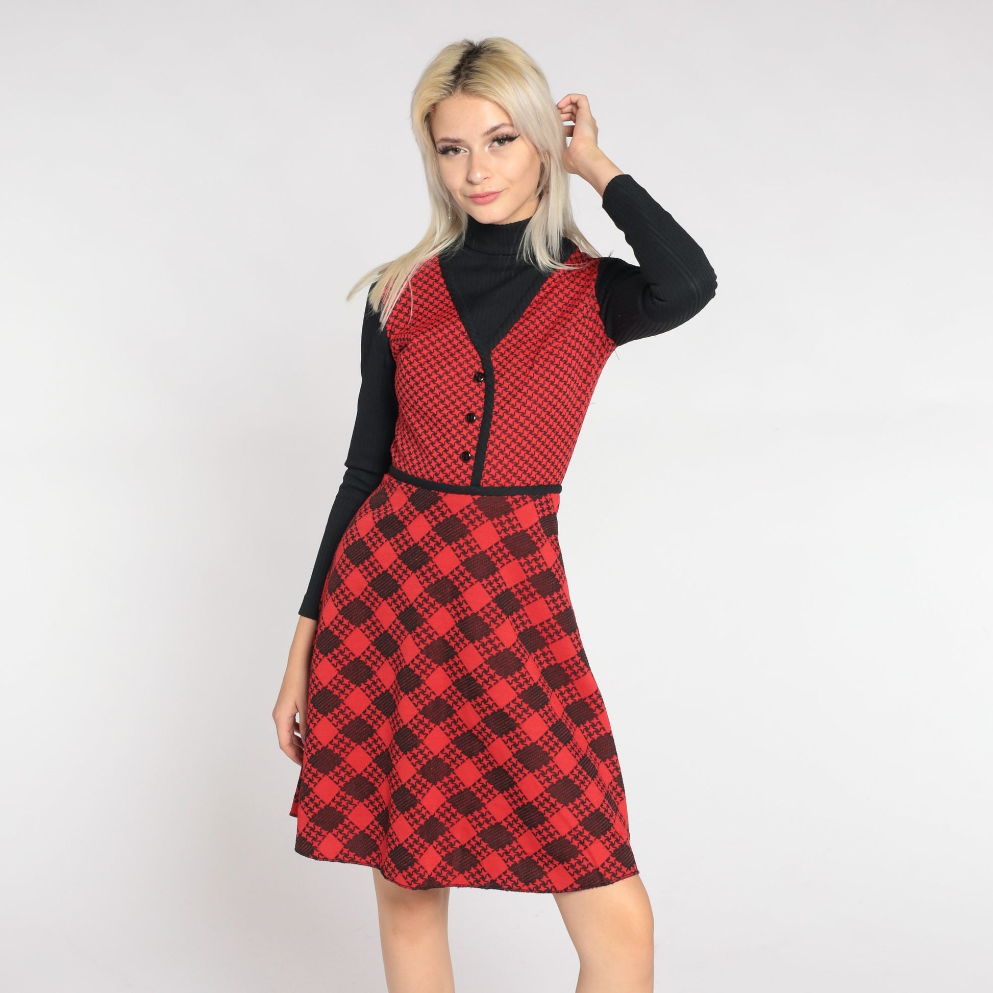 70s Red Checkered Mini Dress Black Turtleneck Attached Sleeves Extra Small