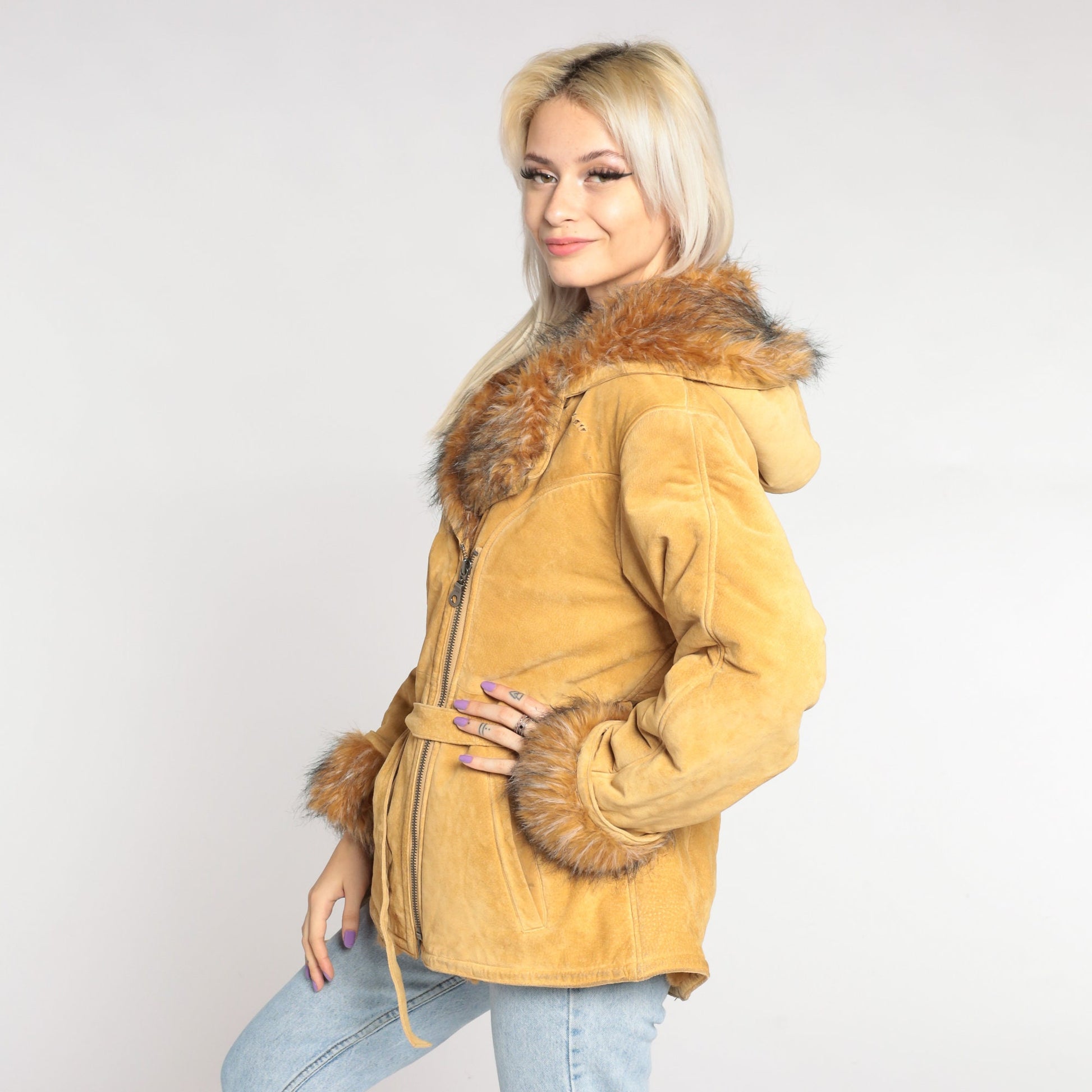 70s Suede Hooded Jacket Faux Fur Trim Belted Tan Leather Large L
