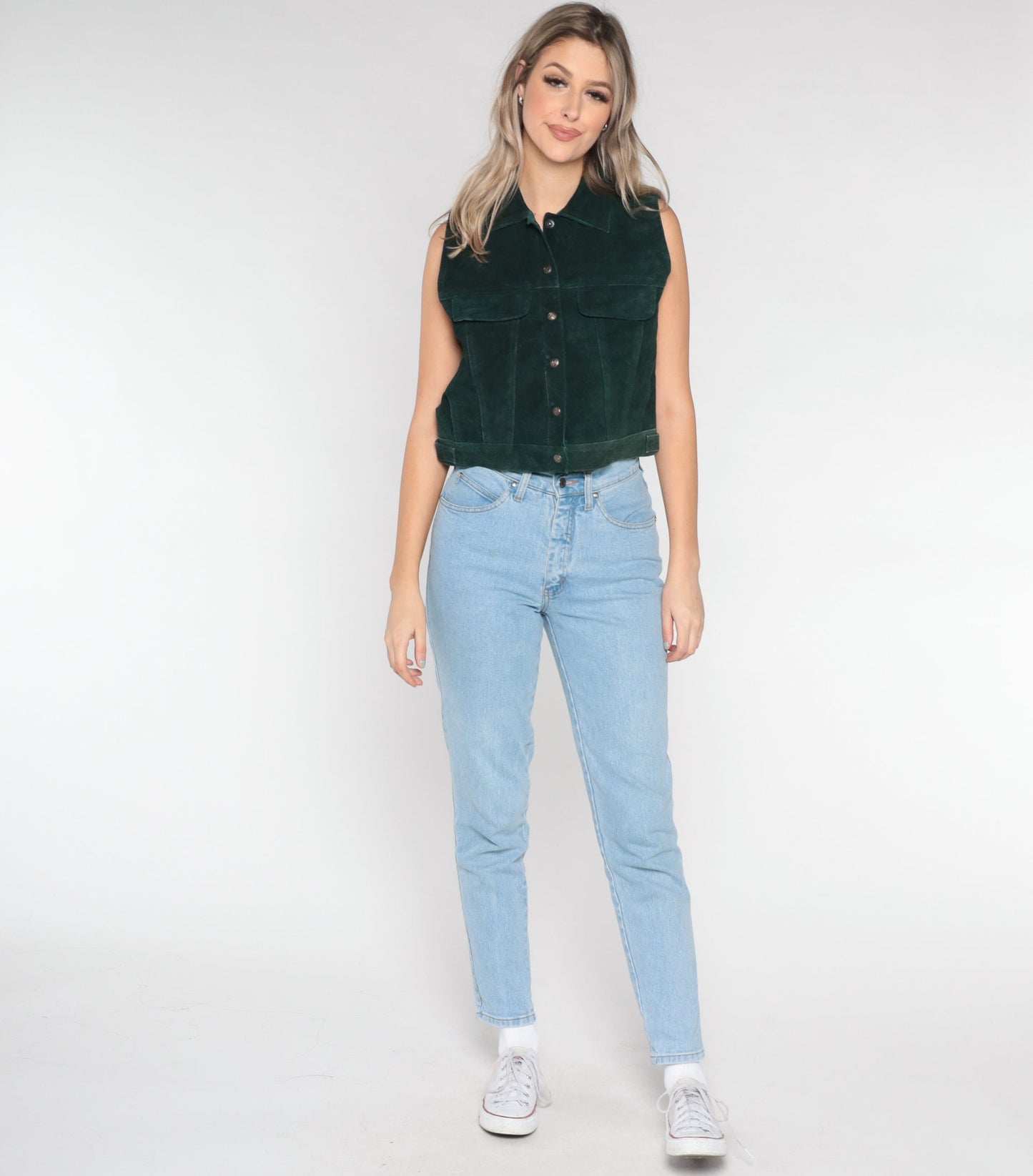 90s Dark Green Suede Leather Snap-Front Vest Small S