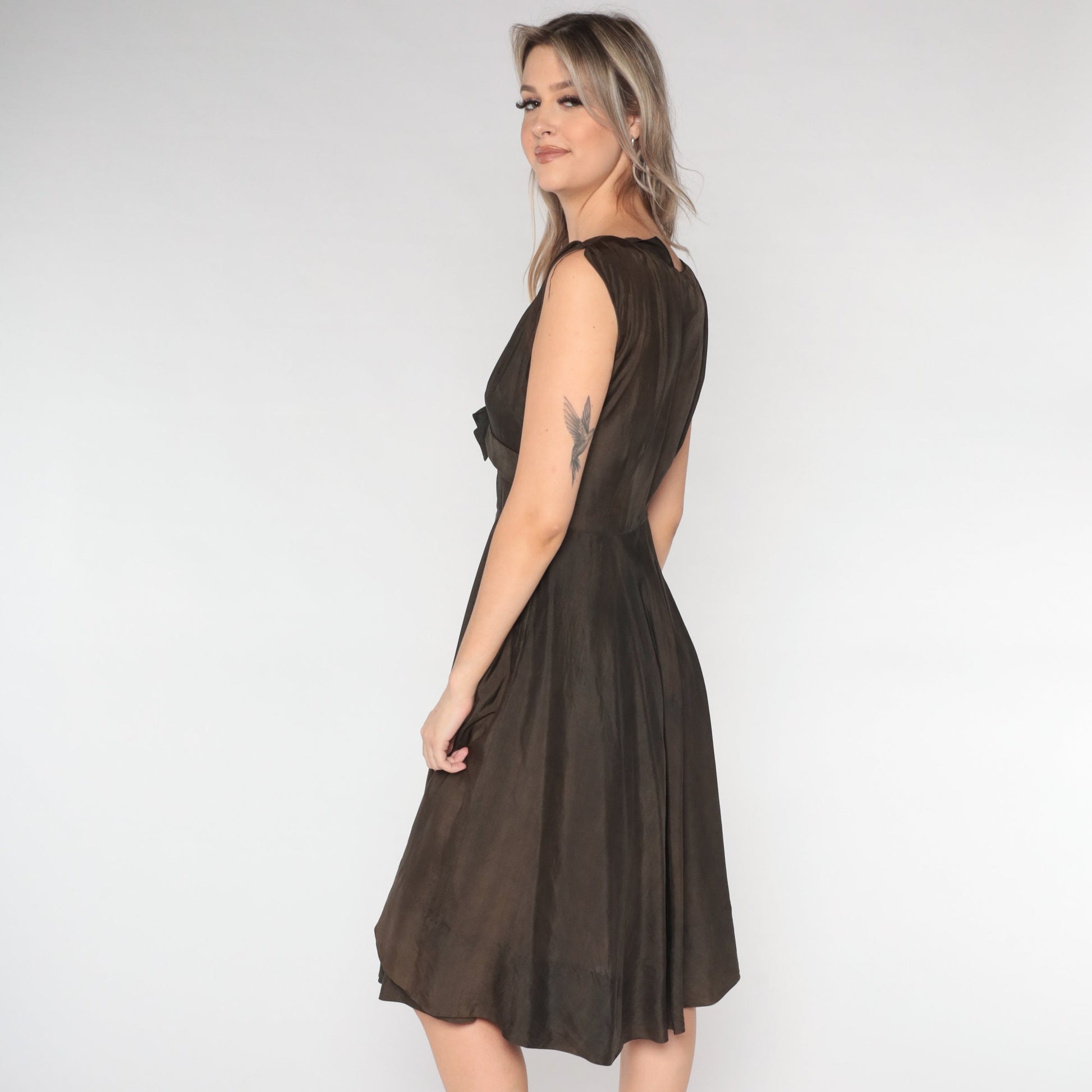 1950s Saks Fifth Avenue Brown Silk Dress Bow High Waist Tea Length Medium