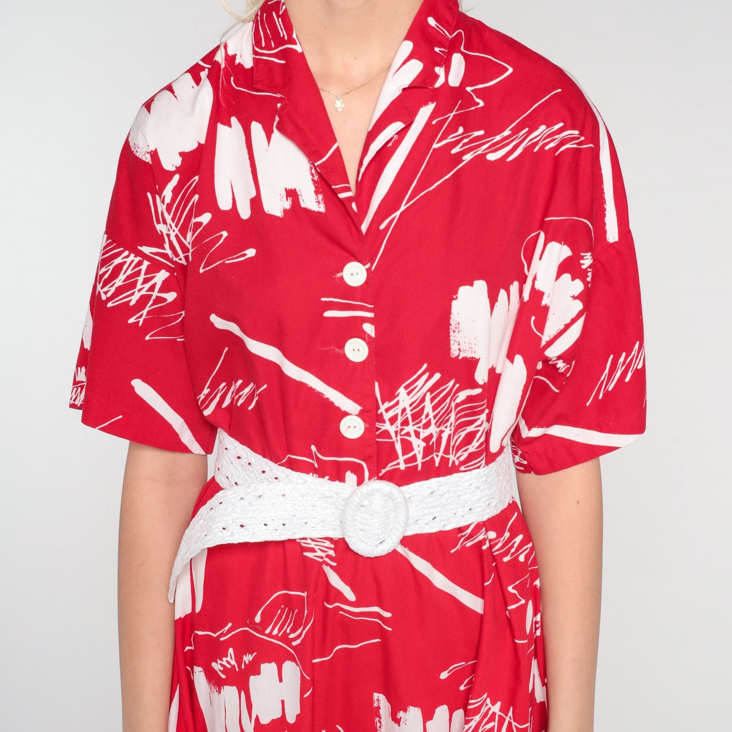 80s Brushstroke Print Midi Shirt Dress High Waist Button Up Red White Medium