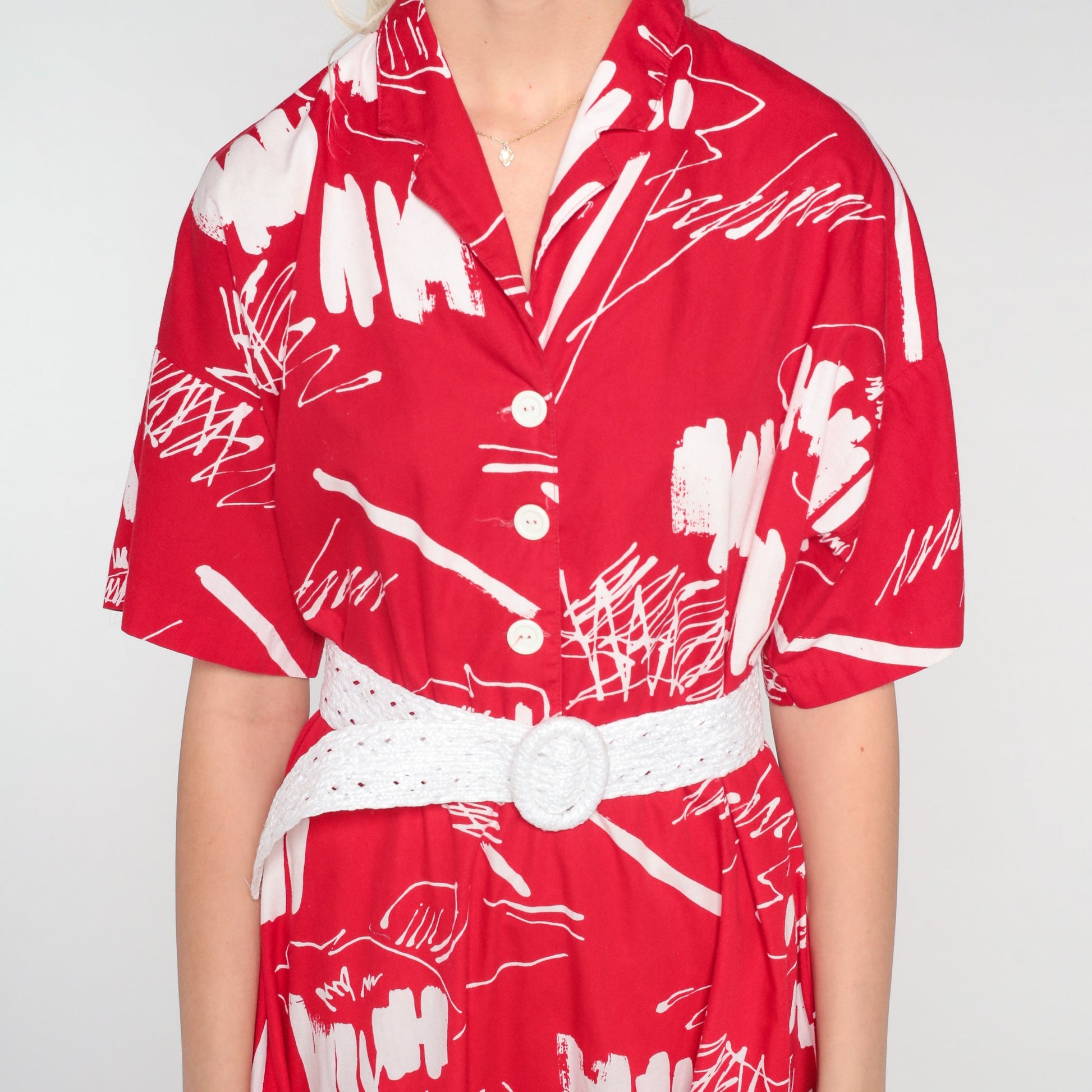 80s Brushstroke Print Midi Shirt Dress High Waist Button Up Red White Medium