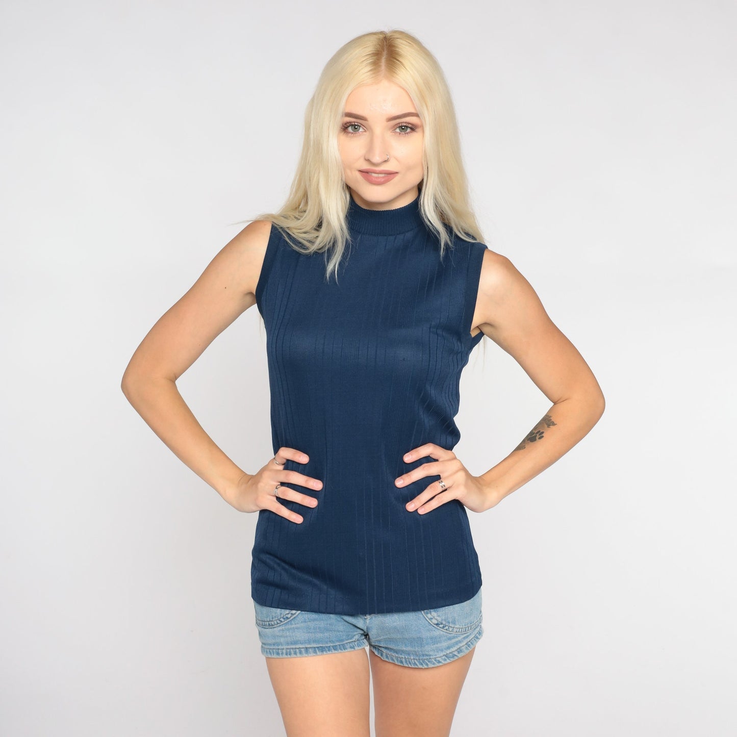 70s Navy Mock Neck Tank Top Ribbed Sleeveless Blouse Small S