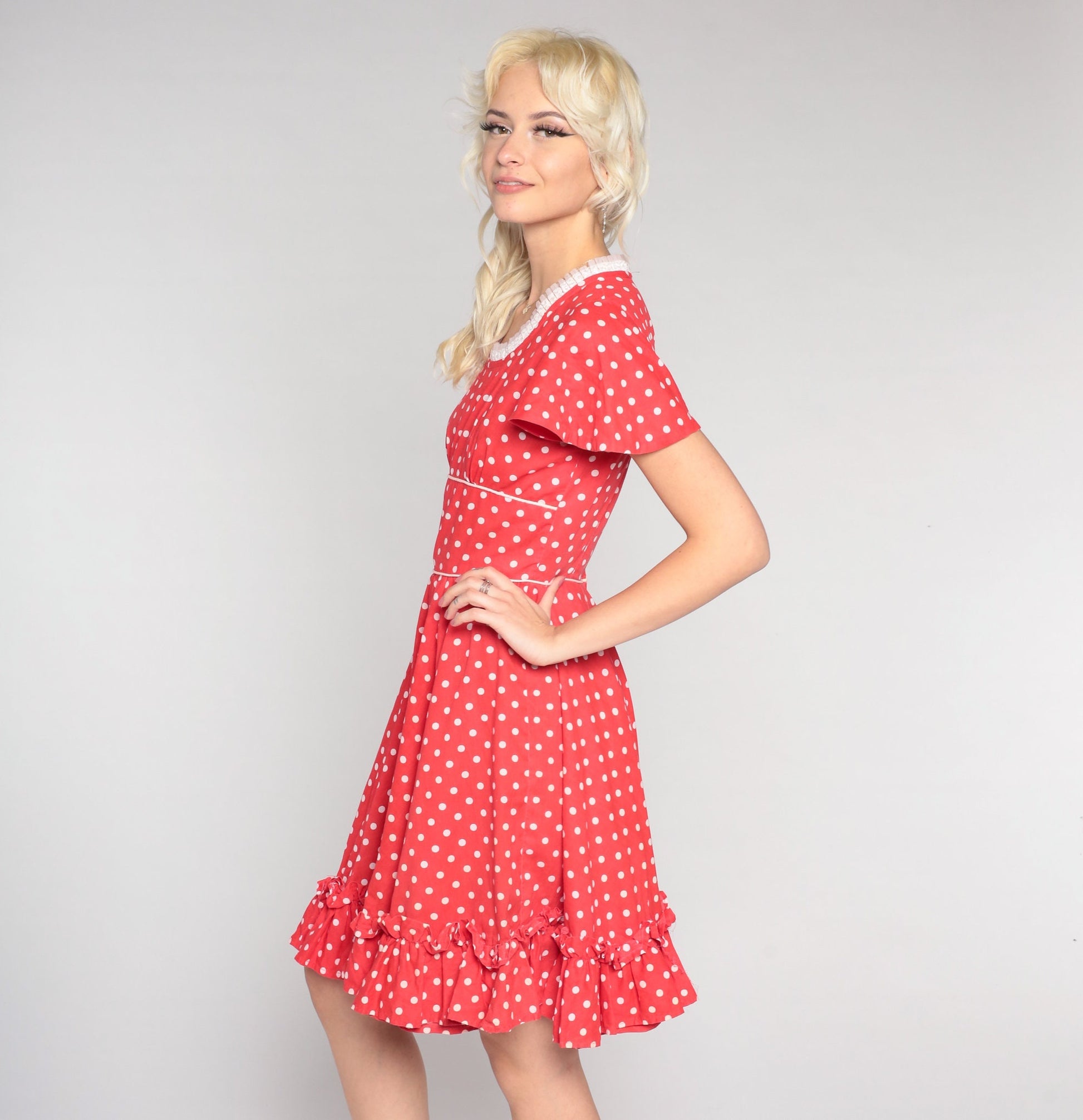 70s Red Polka Dot Mini Dress Flutter Sleeve Full Skirt High Waist Extra Small