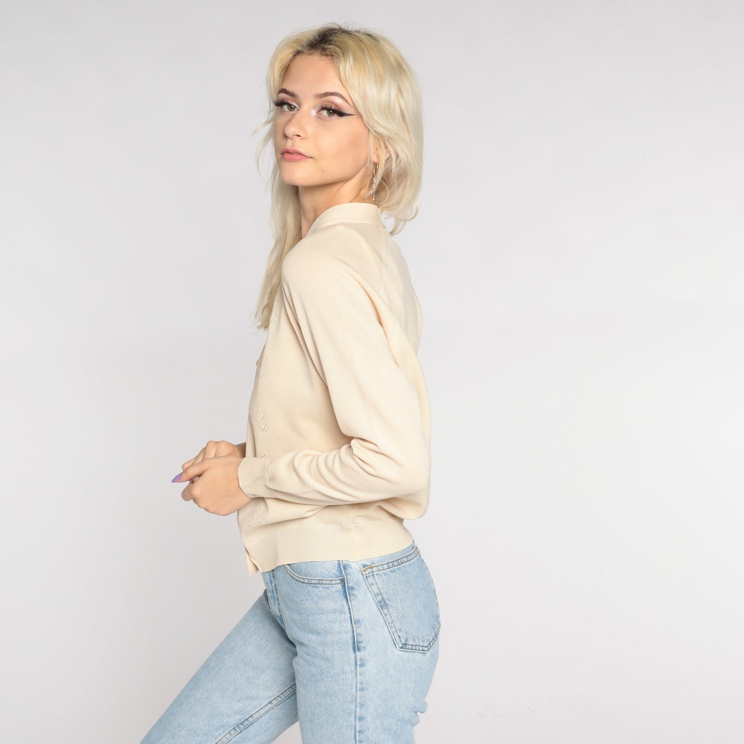 70s Beige Cutout Butterfly Cardigan Button-Up V-Neck Sweater Small