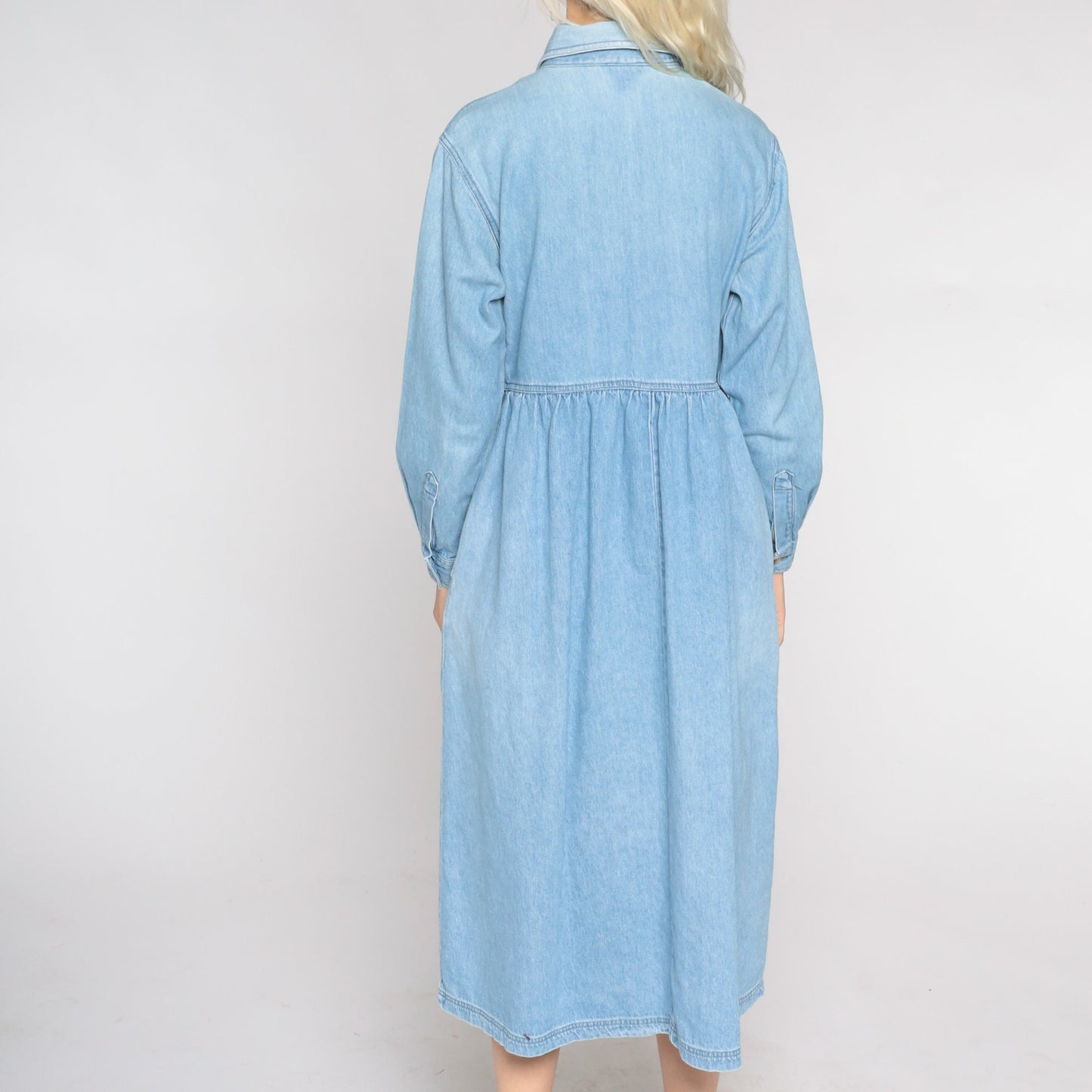 90s Blue Denim Midi Shirtdress High Waist Button Up Petite Small