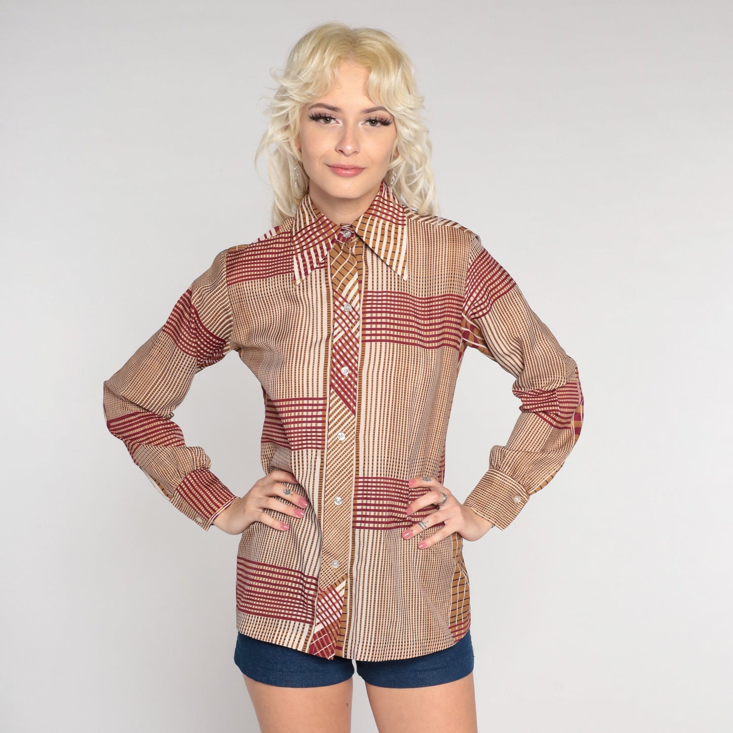 70s Checkered Button-Up Shirt Red Brown Dagger Collar Long Sleeve Small