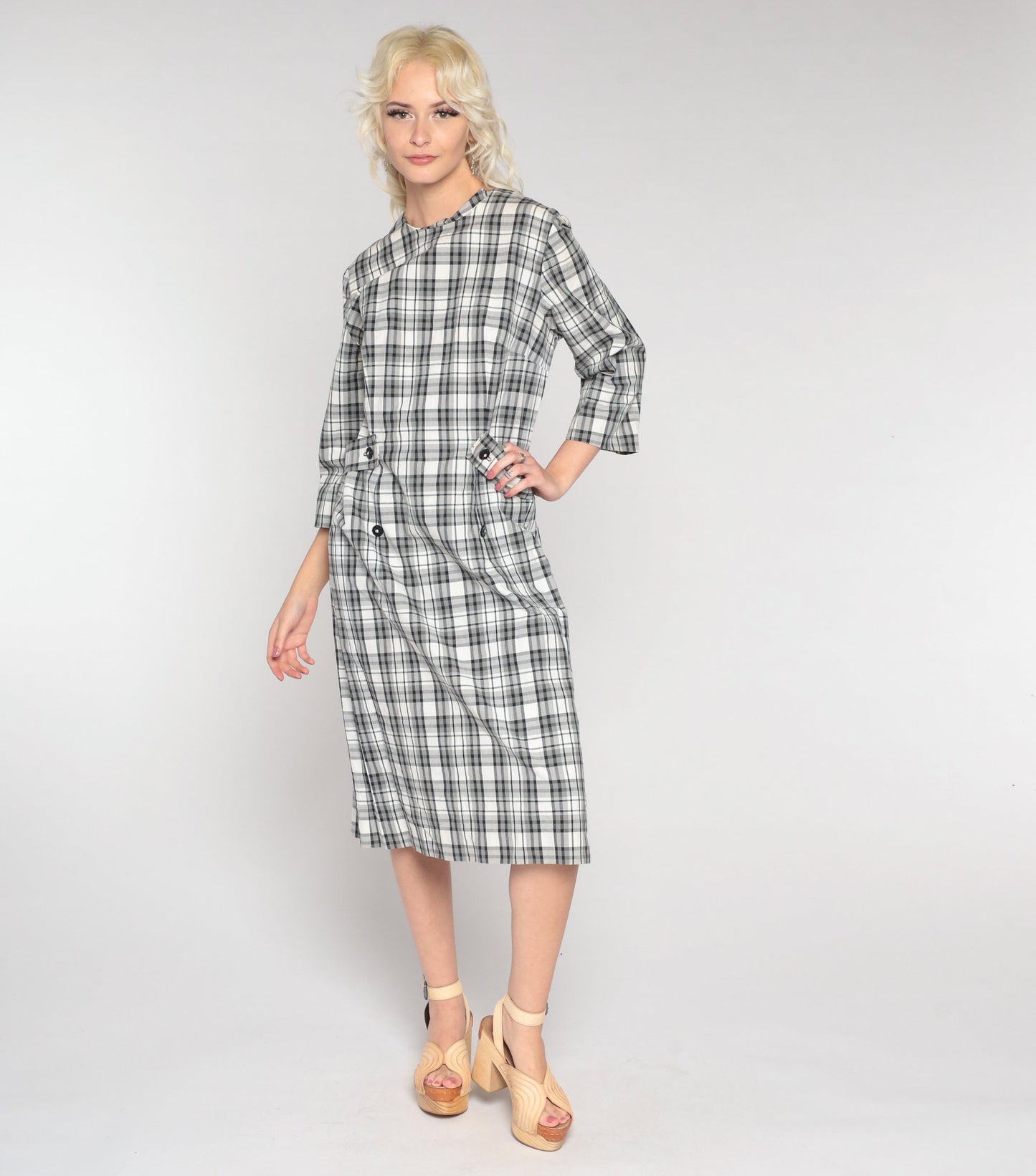 60s Mod Checkered Shift Dress Grey Plaid Midi Medium