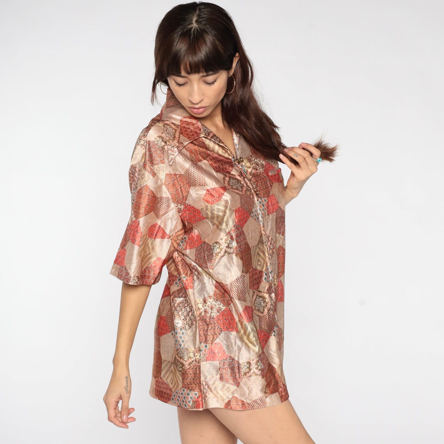 70s Patchwork Paisley Zip Shirt Short Sleeve Psychedelic Blouse Large
