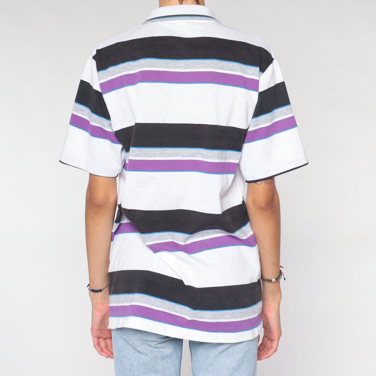 90s Penguin Club Striped Polo Shirt White Purple Half-Button Medium M