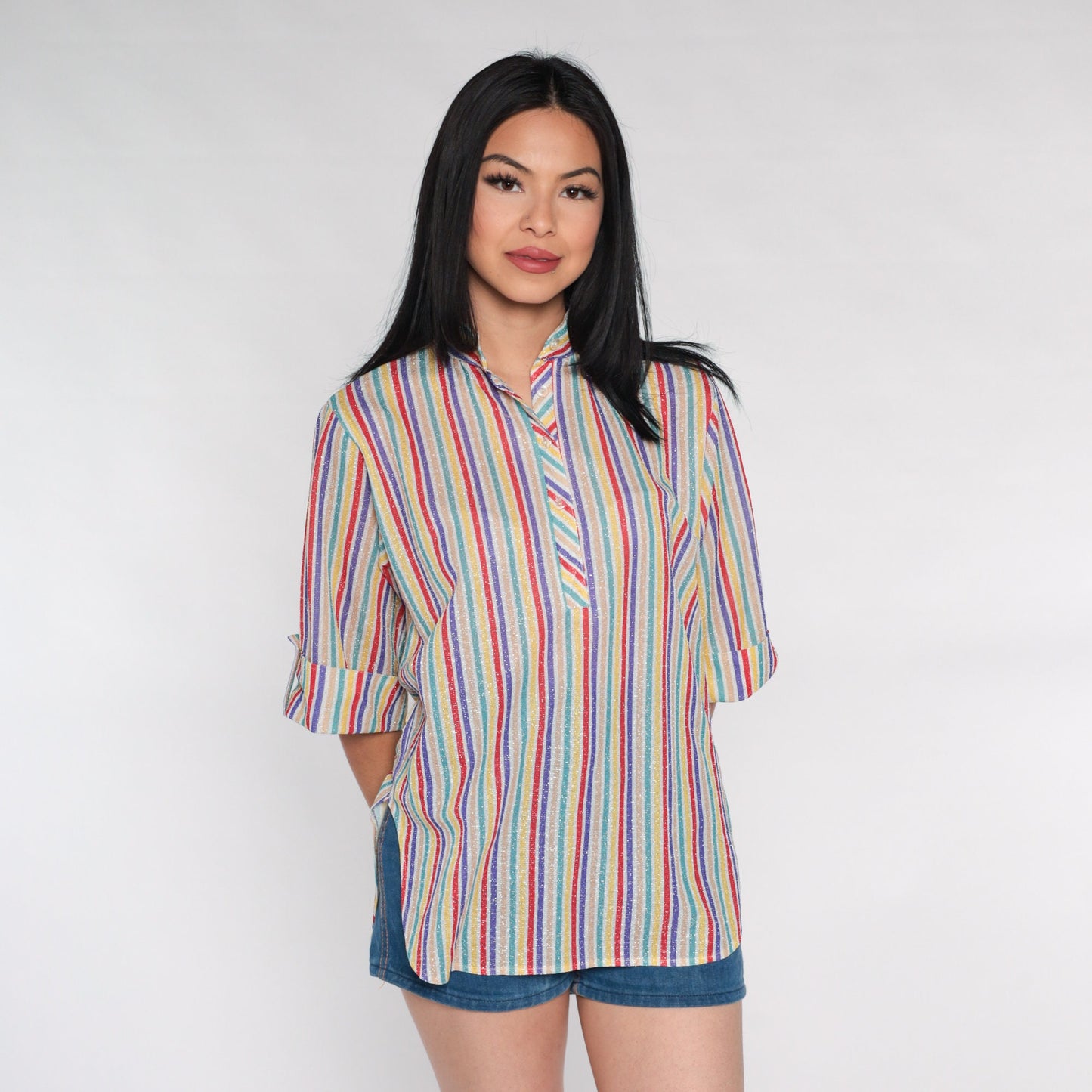 70s Metallic Rainbow Striped Button-Up Blouse 3/4 Sleeve Medium