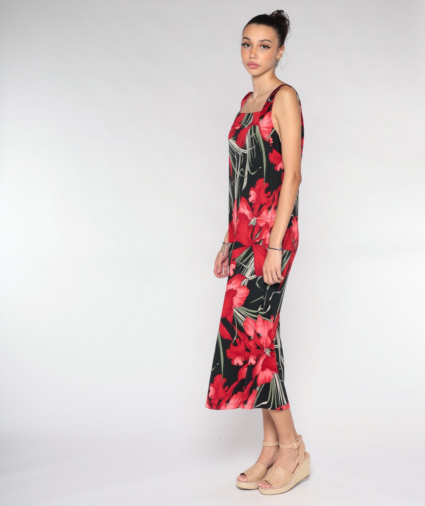 90s Black Floral Midi Dress Orchid Print Sleeveless Extra Large XXL