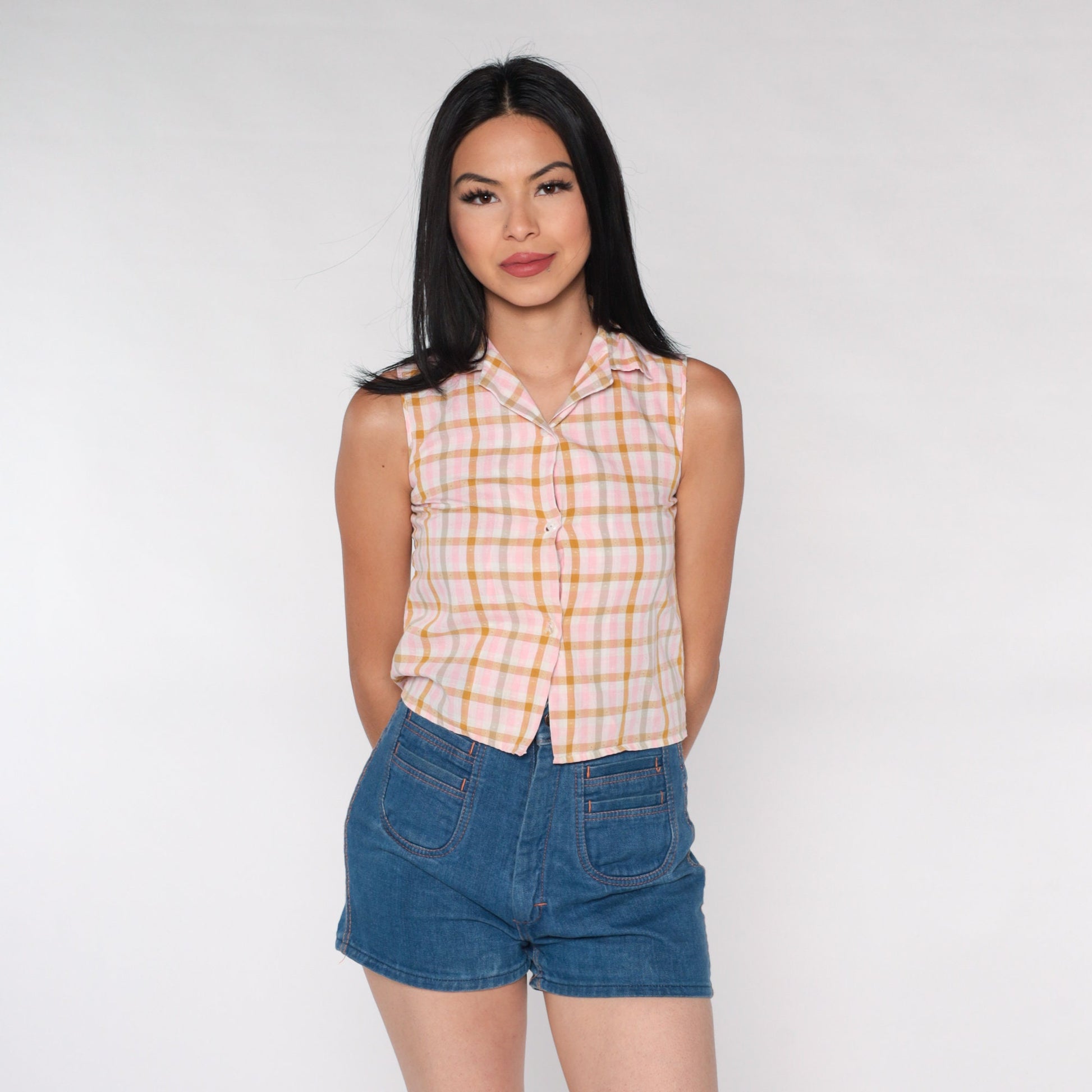 70s Pink Checkered Button-Up Blouse Sleeveless Plaid Top XXS