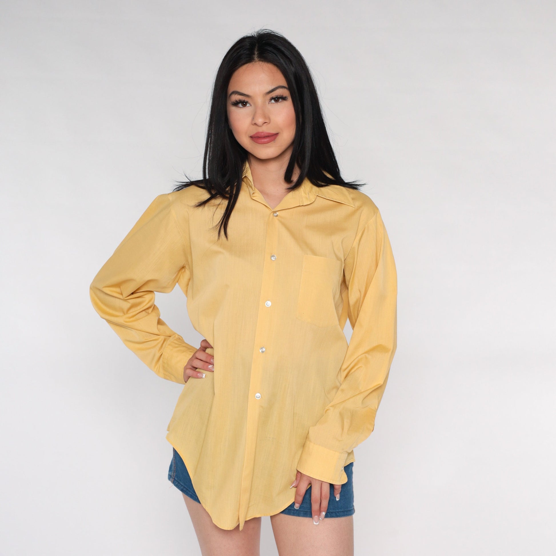 70s Yellow Dagger Collar Button-Up Shirt Long Sleeve Men's Medium