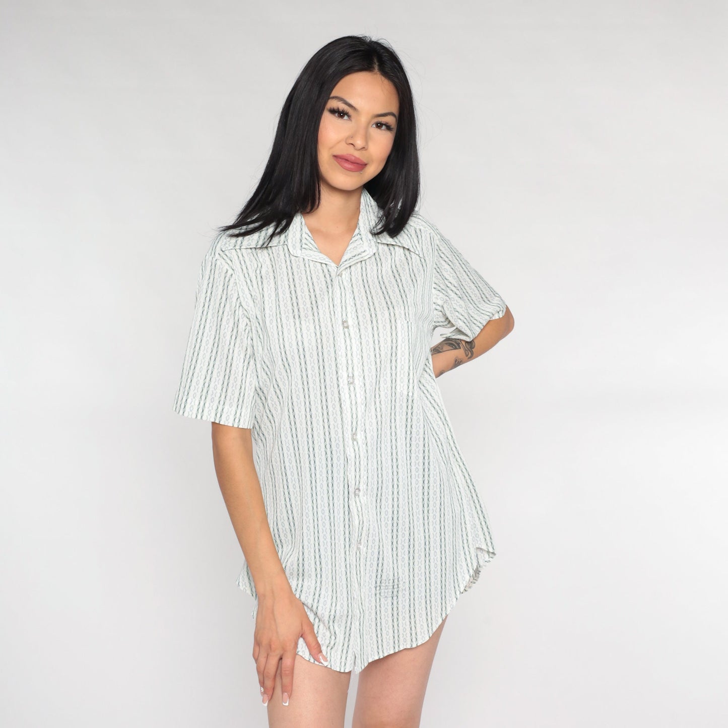 70s Sears White Striped Oxford Button-Up Shirt Green Blue Short Sleeve Medium