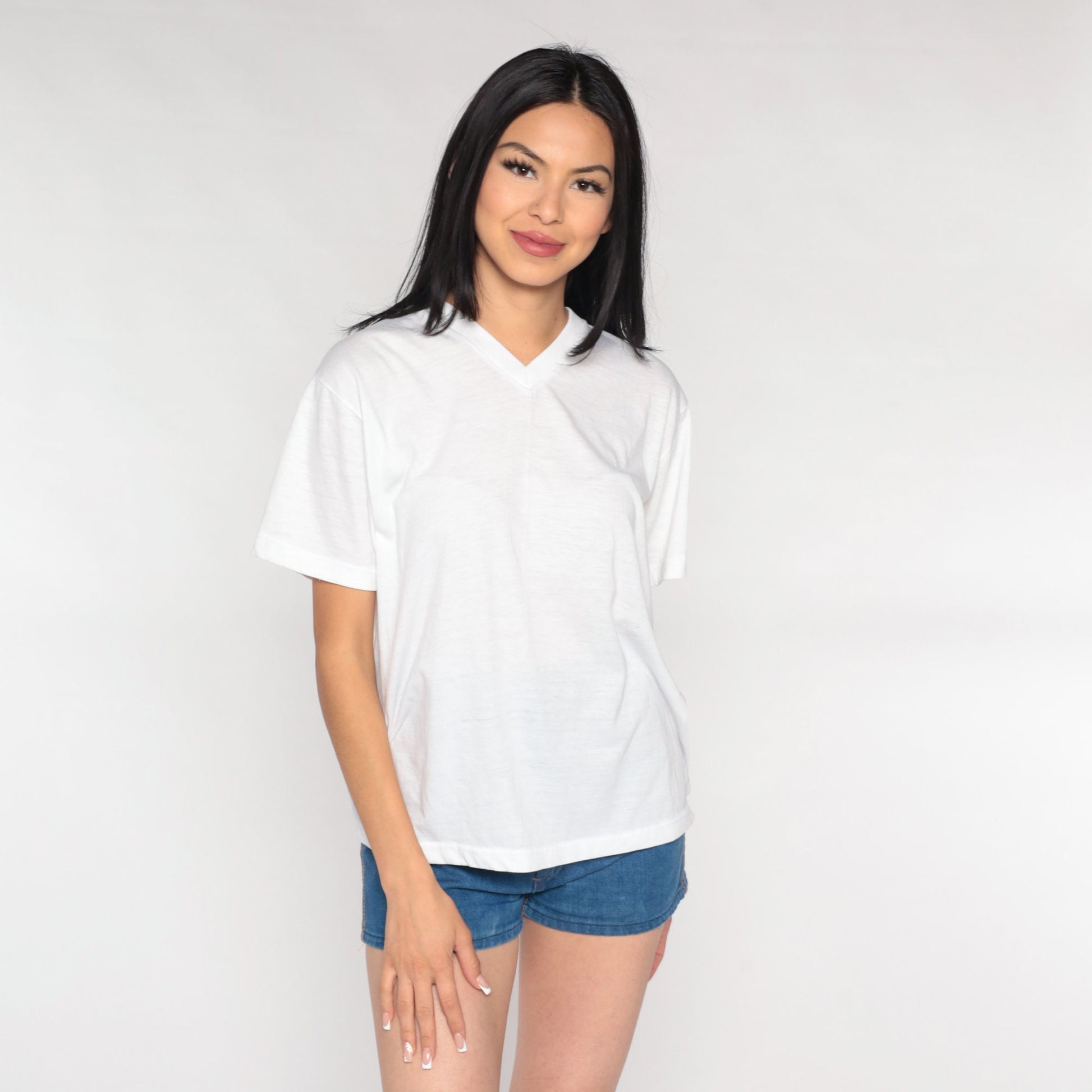 90s White V-Neck T-Shirt Cotton Blend Plain Tee Medium Large