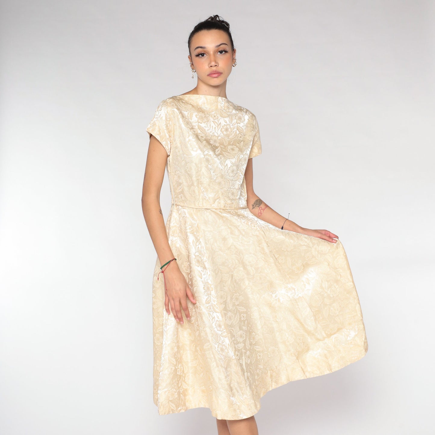 1960s Cream Brocade Floral Midi Dress Cap Sleeve High Waist Small S