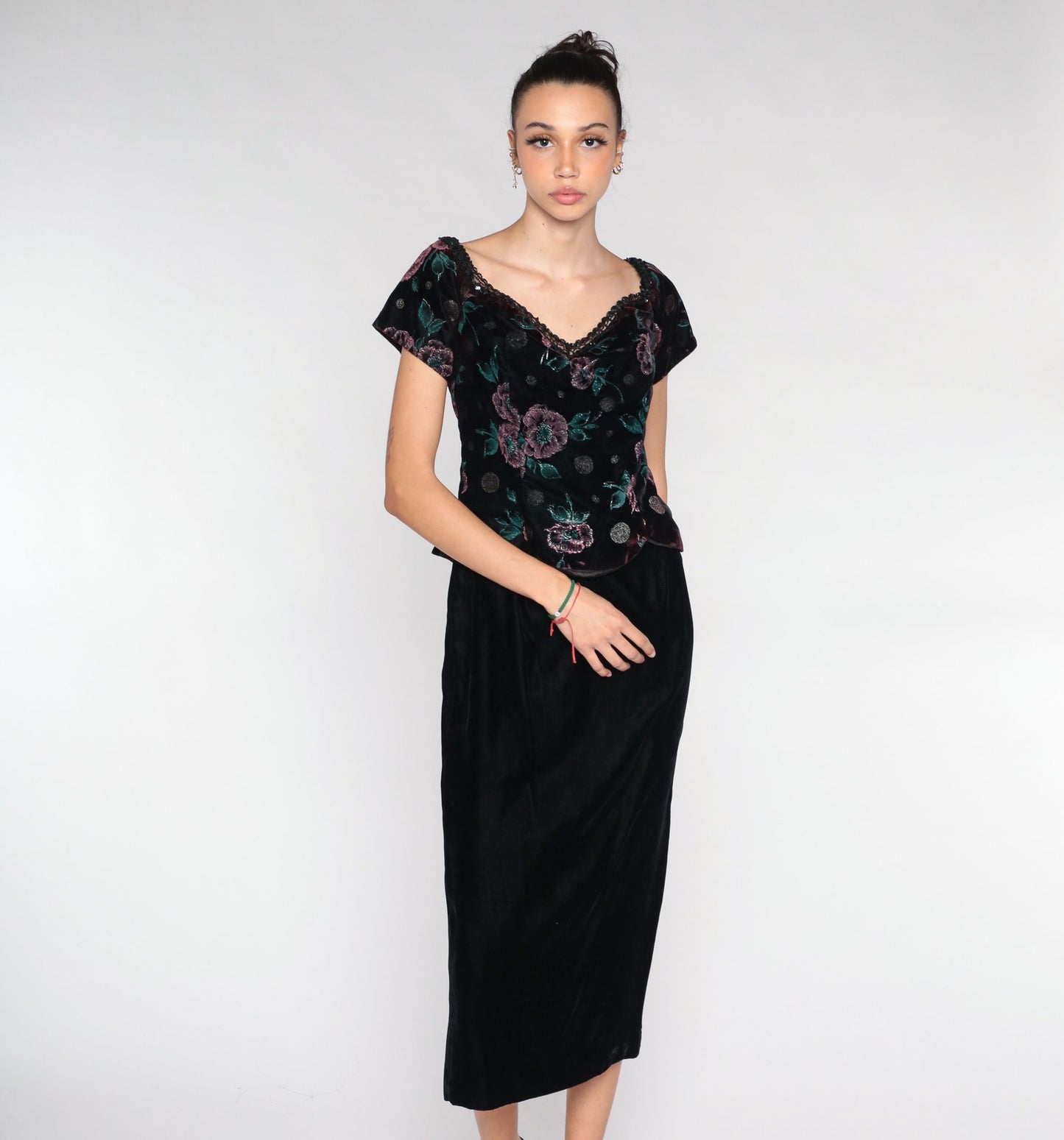 90s Scott McClintock Velvet Midi Dress Floral Bodice Wine Black Small S
