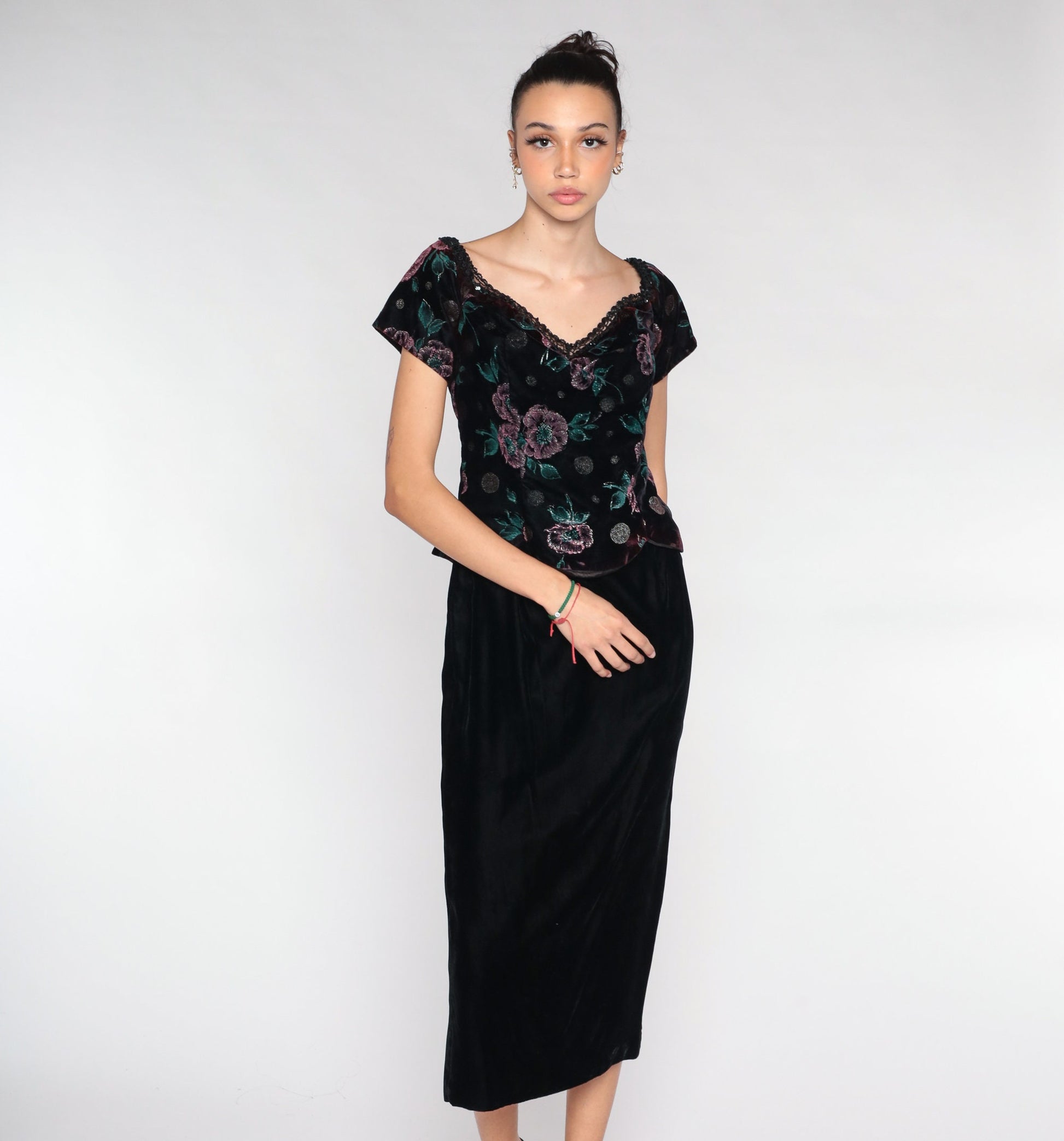 90s Scott McClintock Velvet Midi Dress Floral Bodice Wine Black Small S