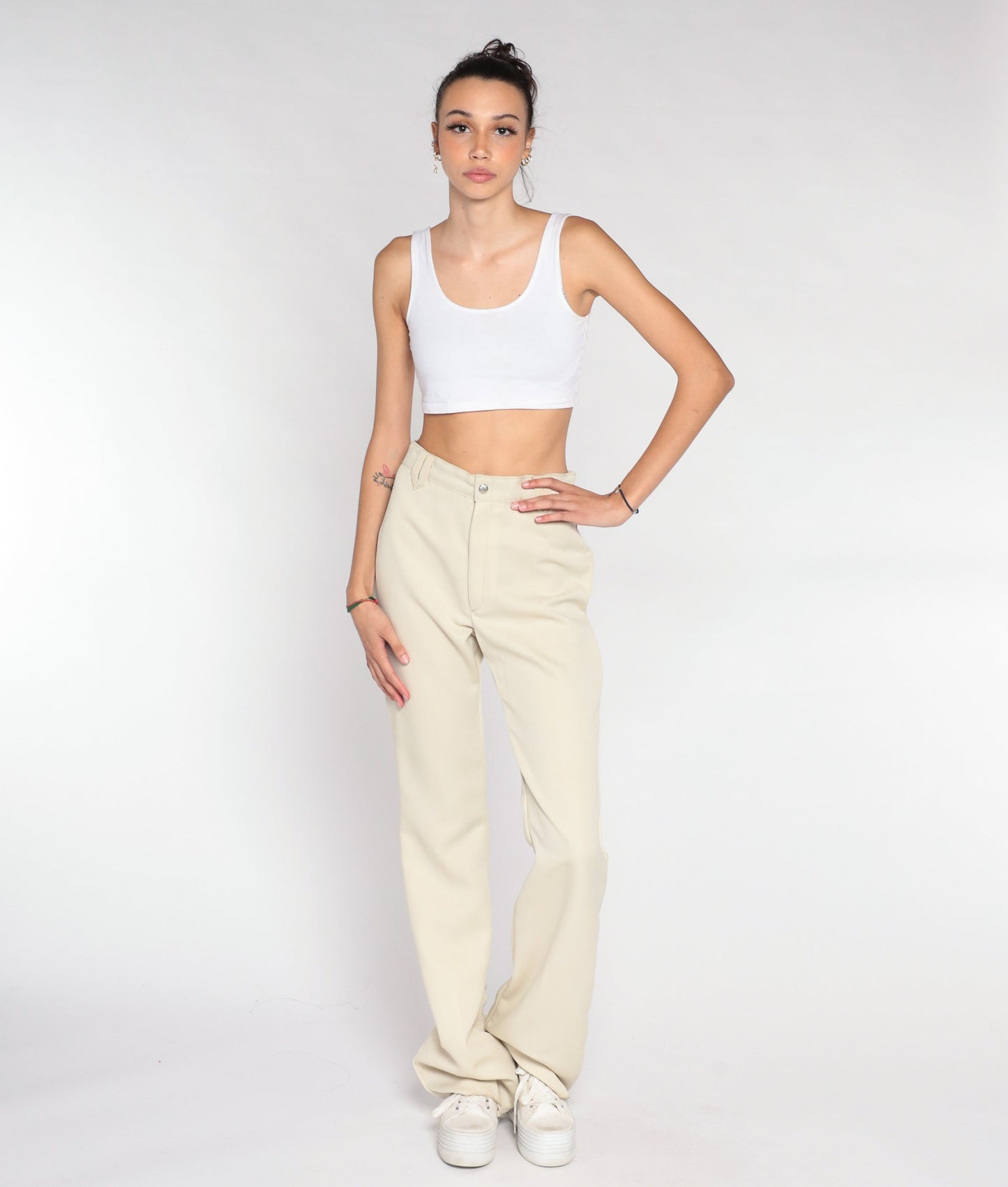 70s Cream High-Rise Straight Leg Trousers Small S