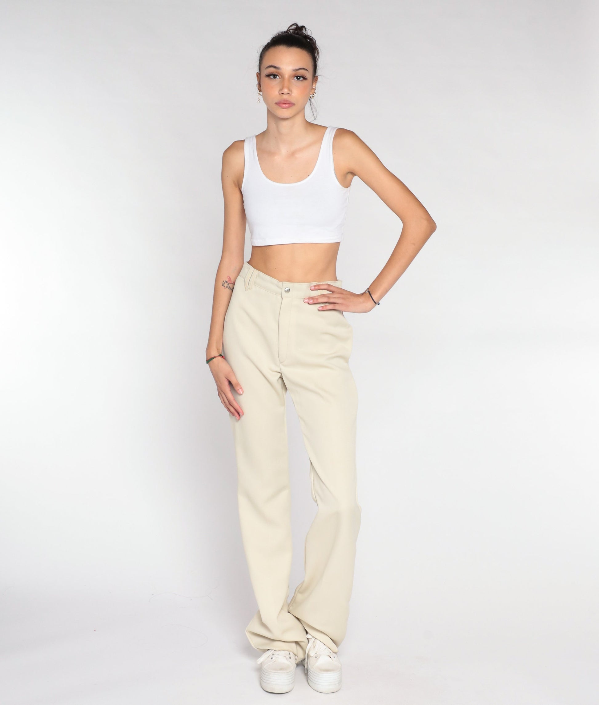 70s Cream High-Rise Straight Leg Trousers Small S
