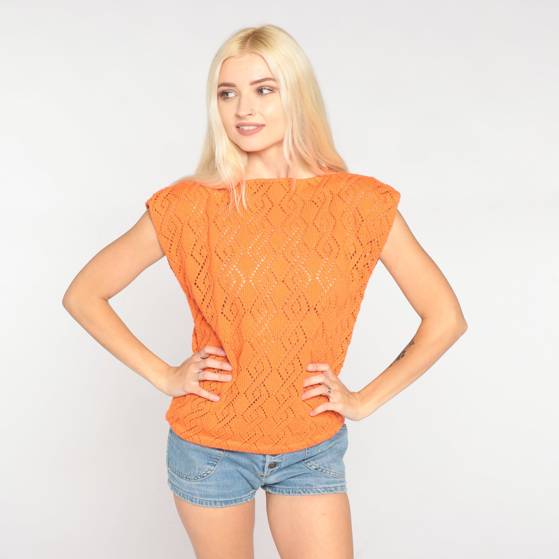 70s Orange Pointelle Knit Top Cap Sleeve Cutout Blouse Medium M