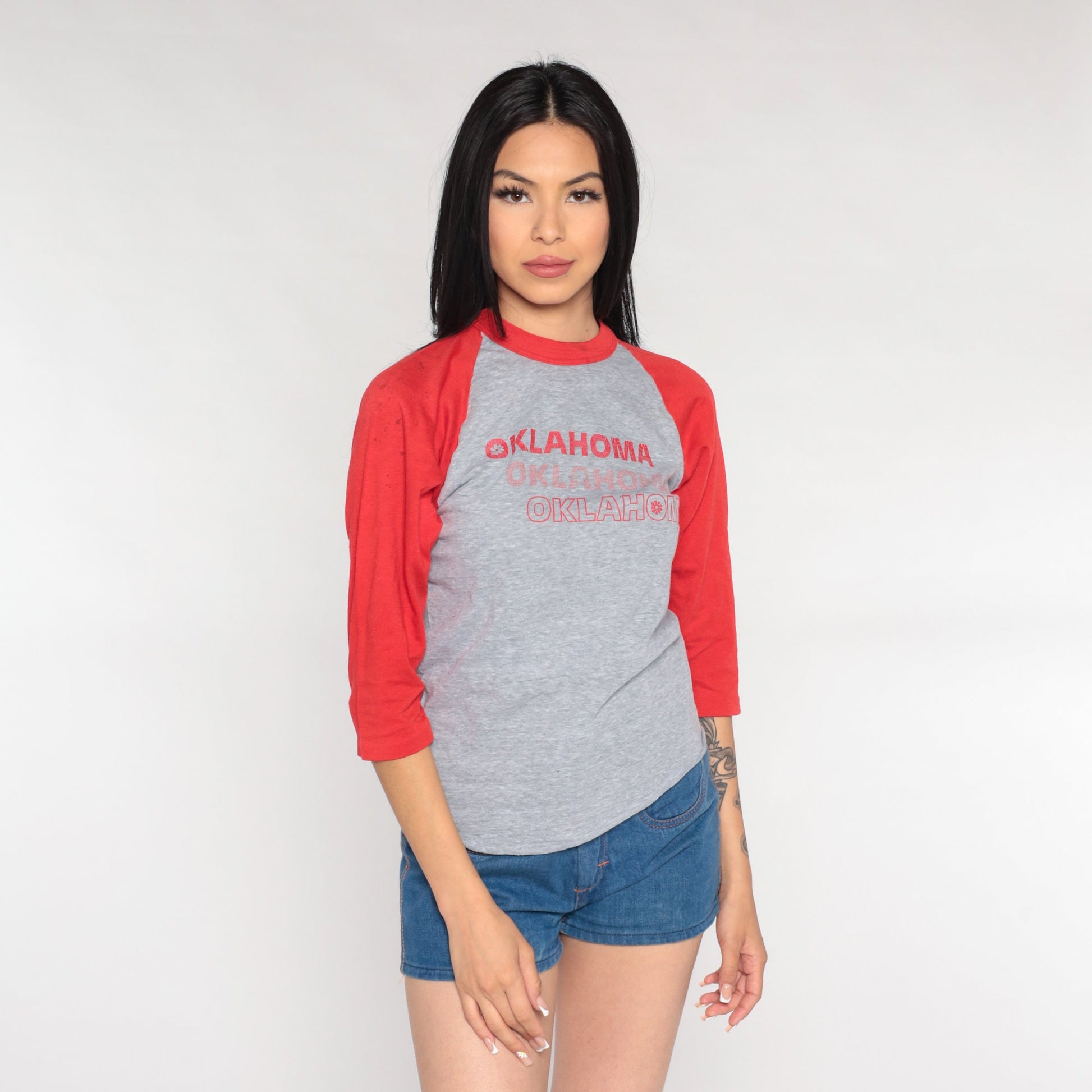 80s Oklahoma Ringer Tee Graphic T-Shirt Red Trim Raglan Small
