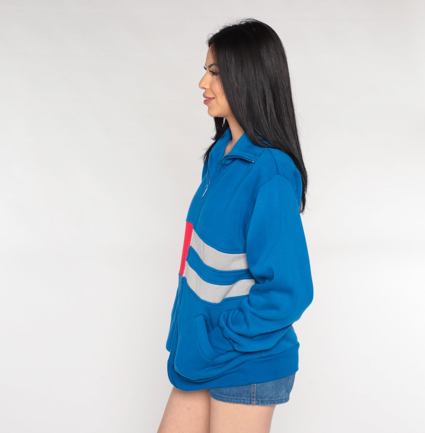 80s Royal Blue Track Jacket Red Grey Striped Zip Sweatshirt Medium