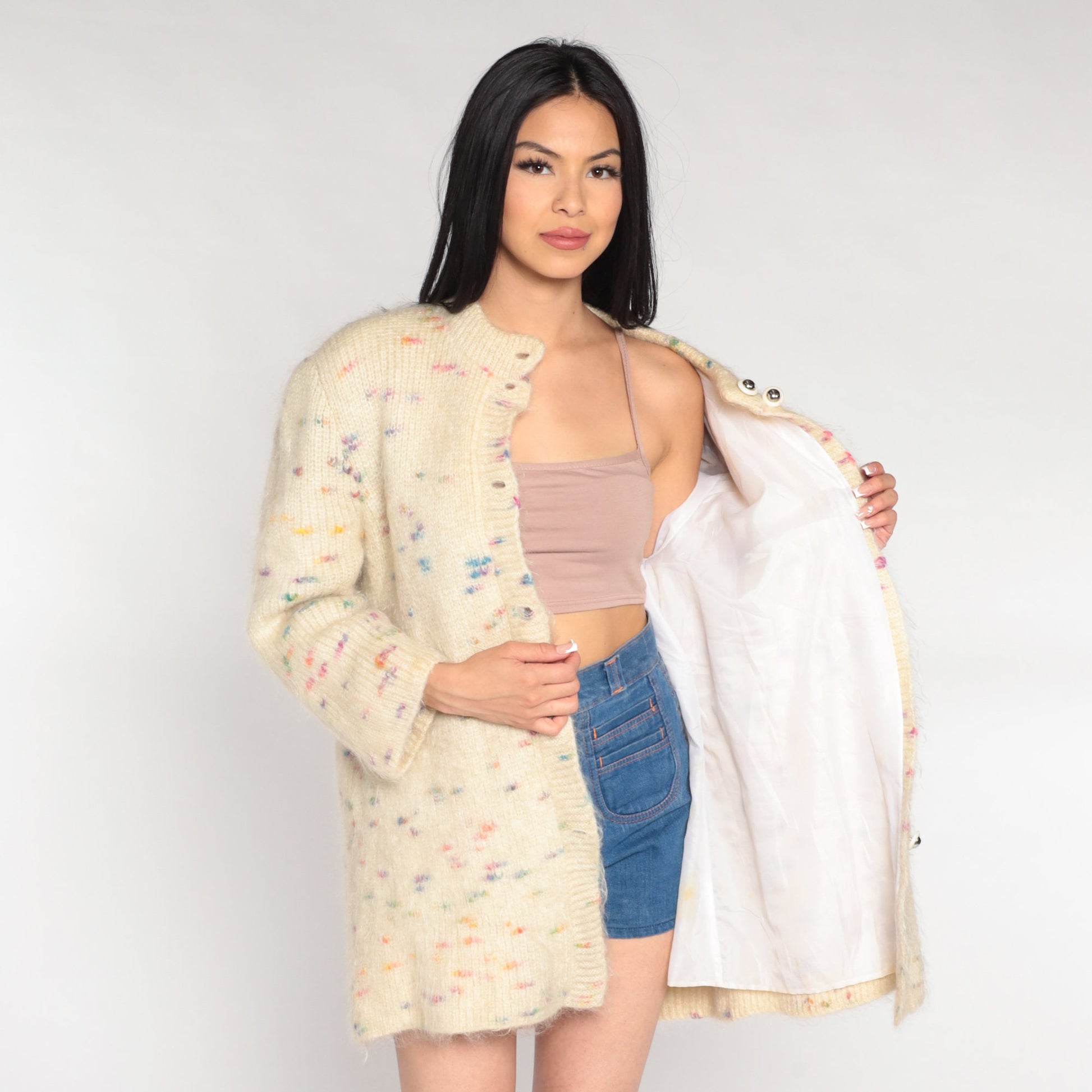 80s Cream Mohair Cardigan Sweater Rainbow Flecks Long Button-Up Medium