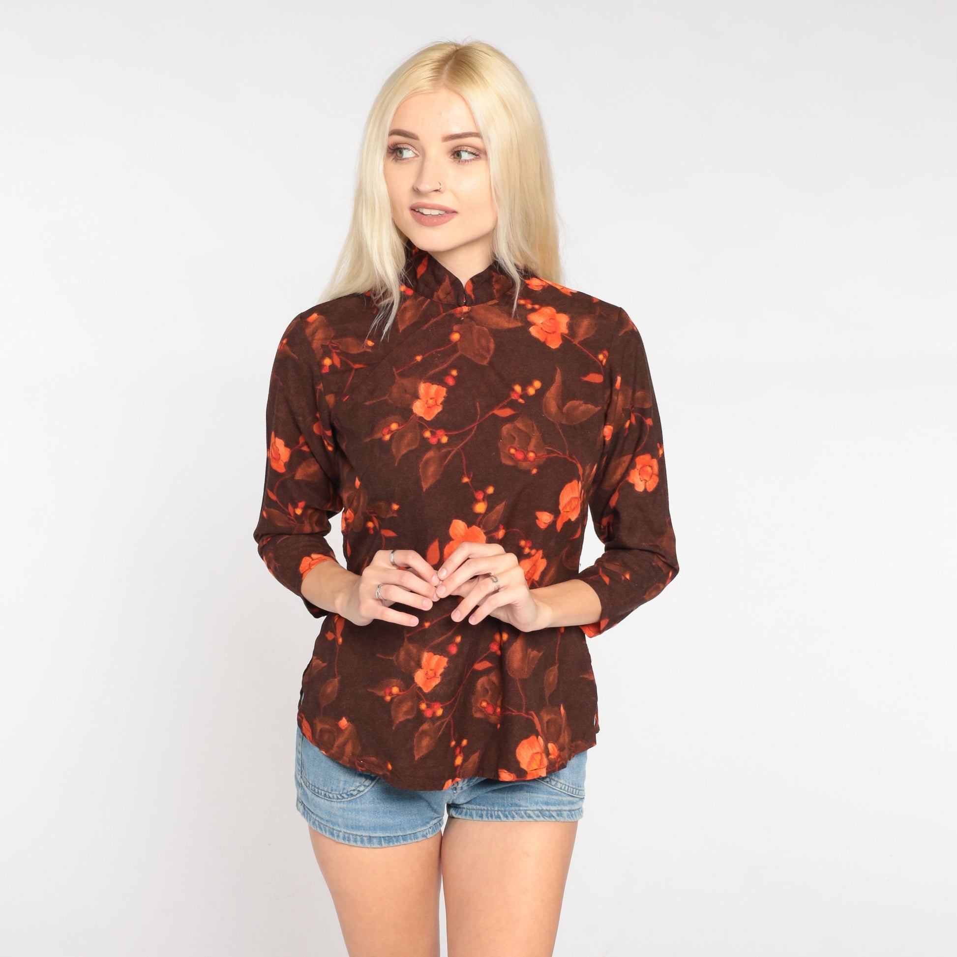 90s Floral Blouse Brown Orange Mandarin Collar 3/4 Sleeve Shirt Extra Small
