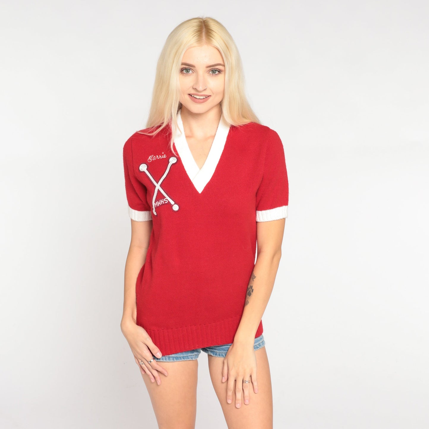 80s Cheerleader Supply Co. Red Knit V-Neck Baton Crest Carrie MWHS Small