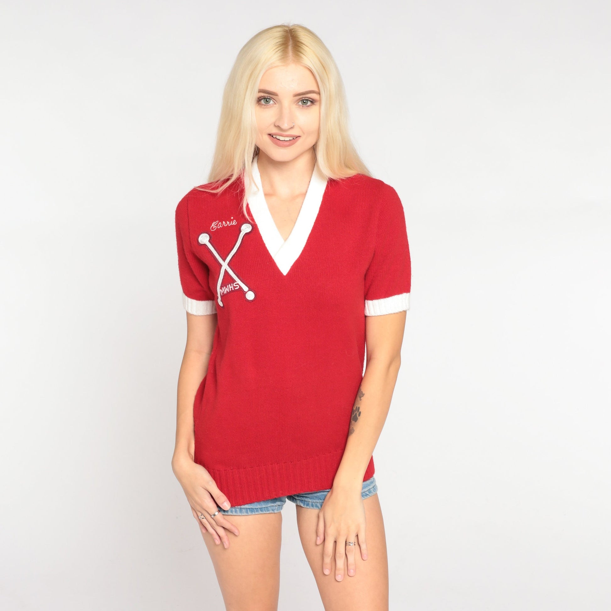 80s Cheerleader Supply Co. Red Knit V-Neck Baton Crest Carrie MWHS Small