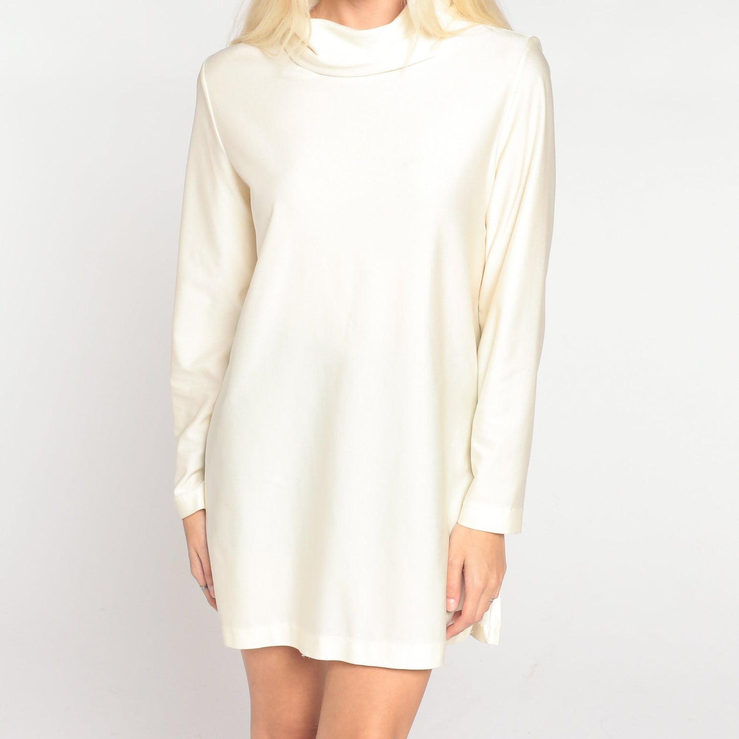 70s Off-White Turtleneck Tunic Long Sleeve Side Slit Blouse Medium M