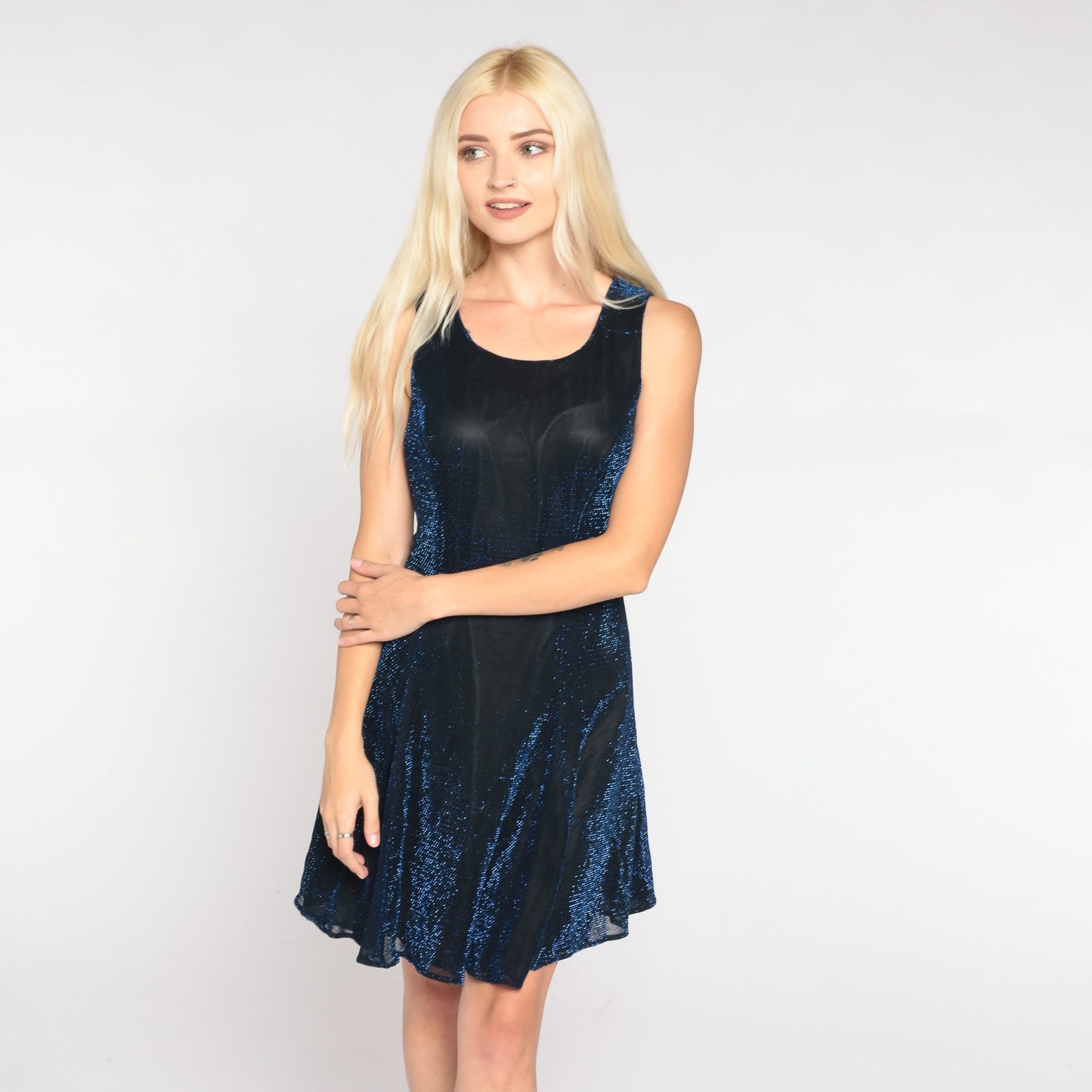 90s Metallic Blue Mini Dress Sleeveless Skater Cut Lace-Up Back Small S