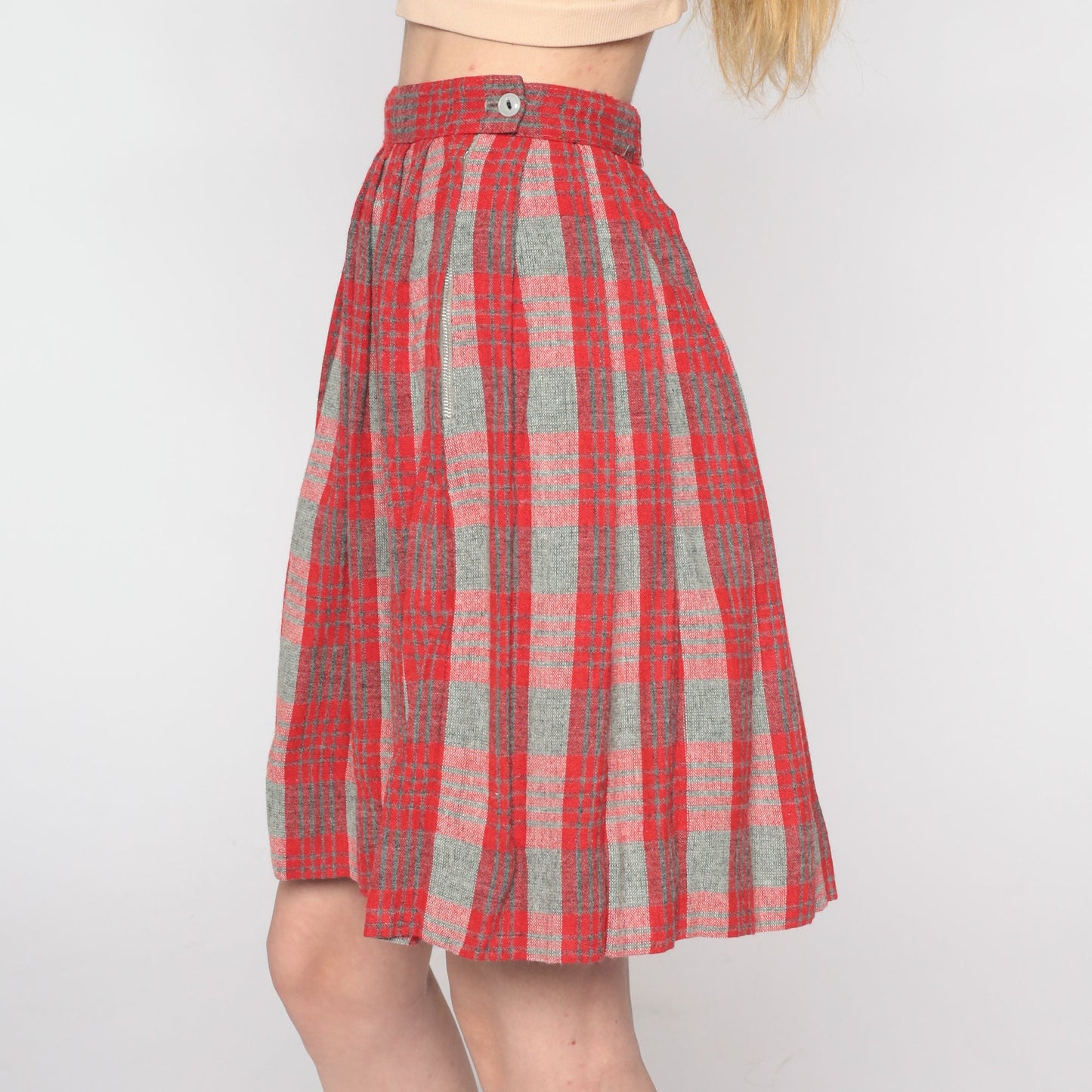 60s Red Grey Plaid Wool Mini Skirt High Waist Pleated XXS