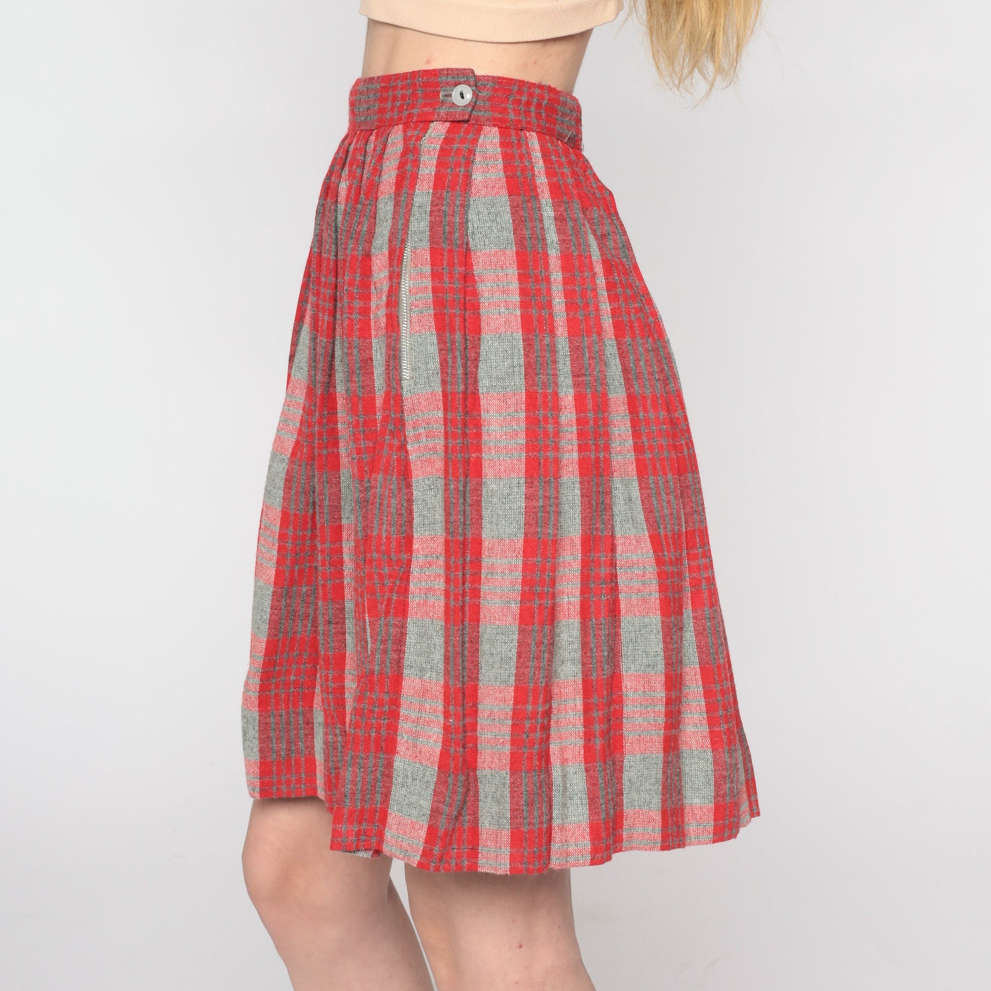 60s Red Grey Plaid Wool Mini Skirt High Waist Pleated XXS