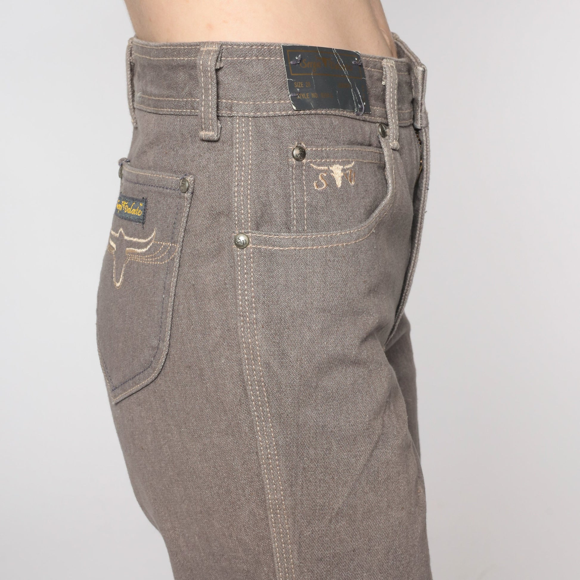90s Sergio Valente Western Jeans Taupe High Waist Straight Leg Embroidered Steer Small