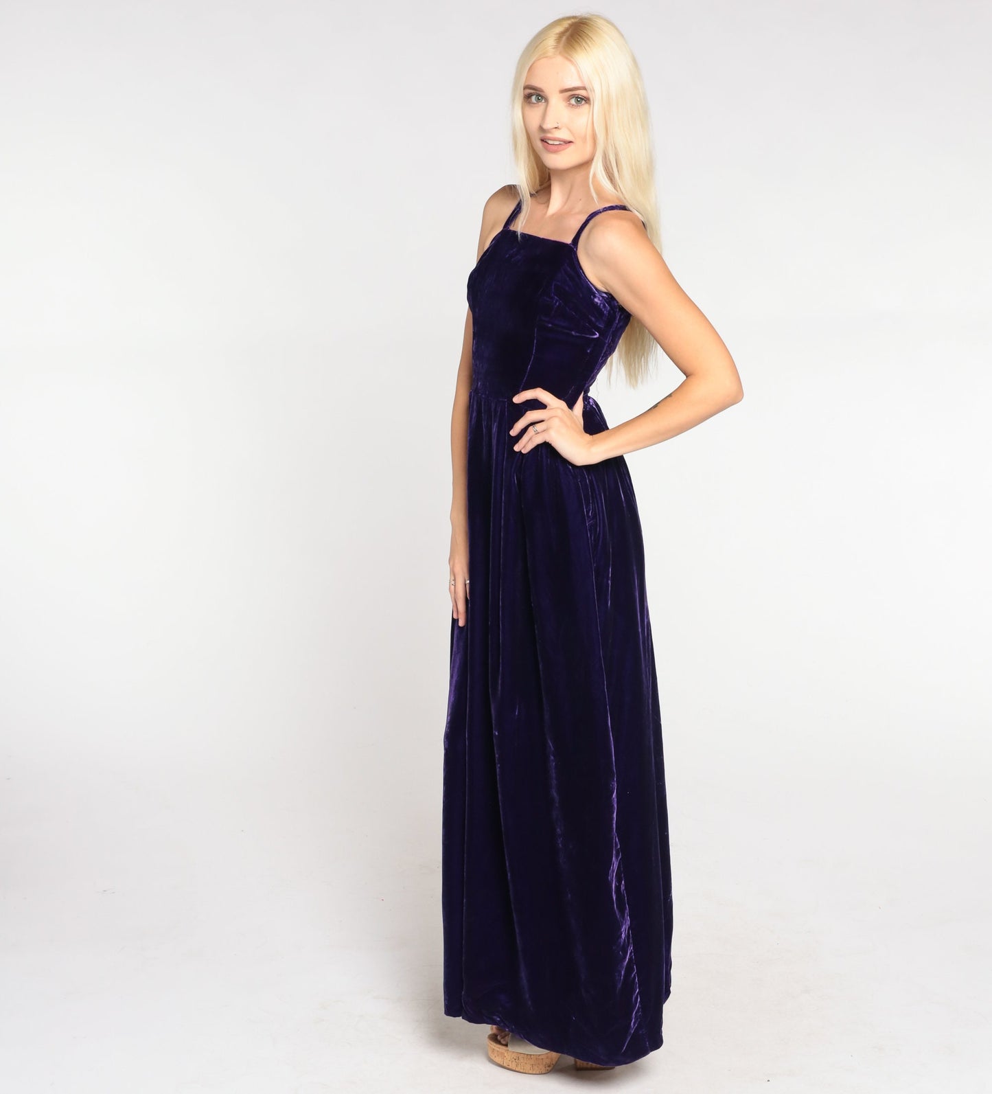 70s Dark Purple Velvet Maxi Dress Sleeveless High Waist Gown Extra Small