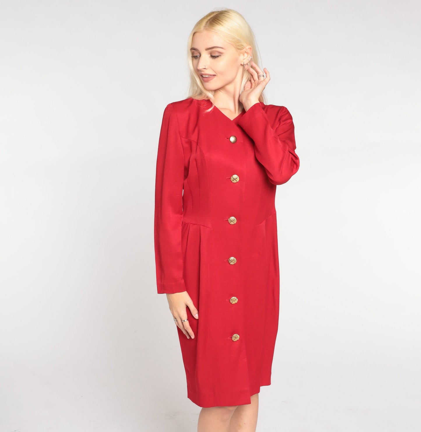 80s Red Button-Up Mini Dress Long Sleeve Pencil Cut Small S