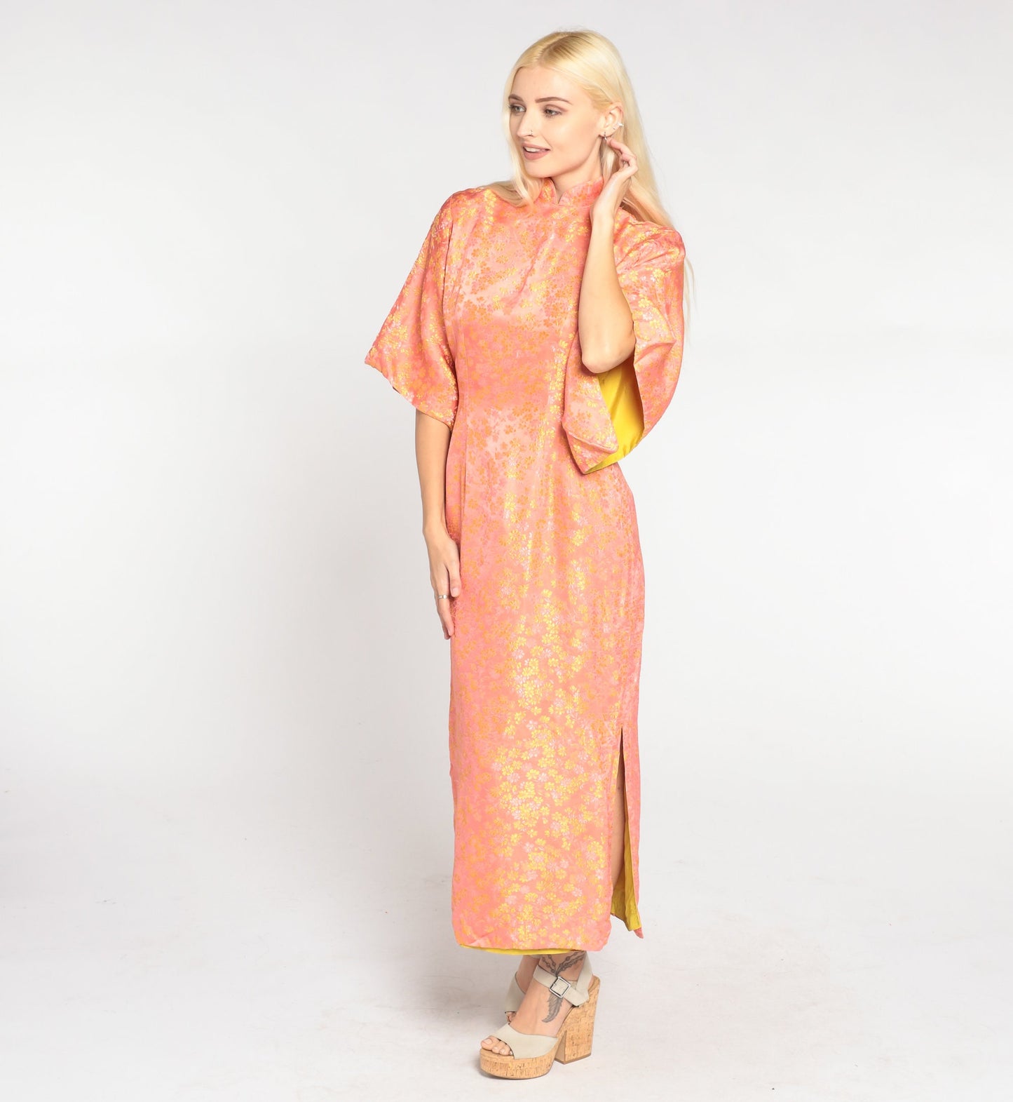 60s Peach Silk Floral Midi Dress Mandarin Collar Bell Sleeve Side Slit Extra Small XS