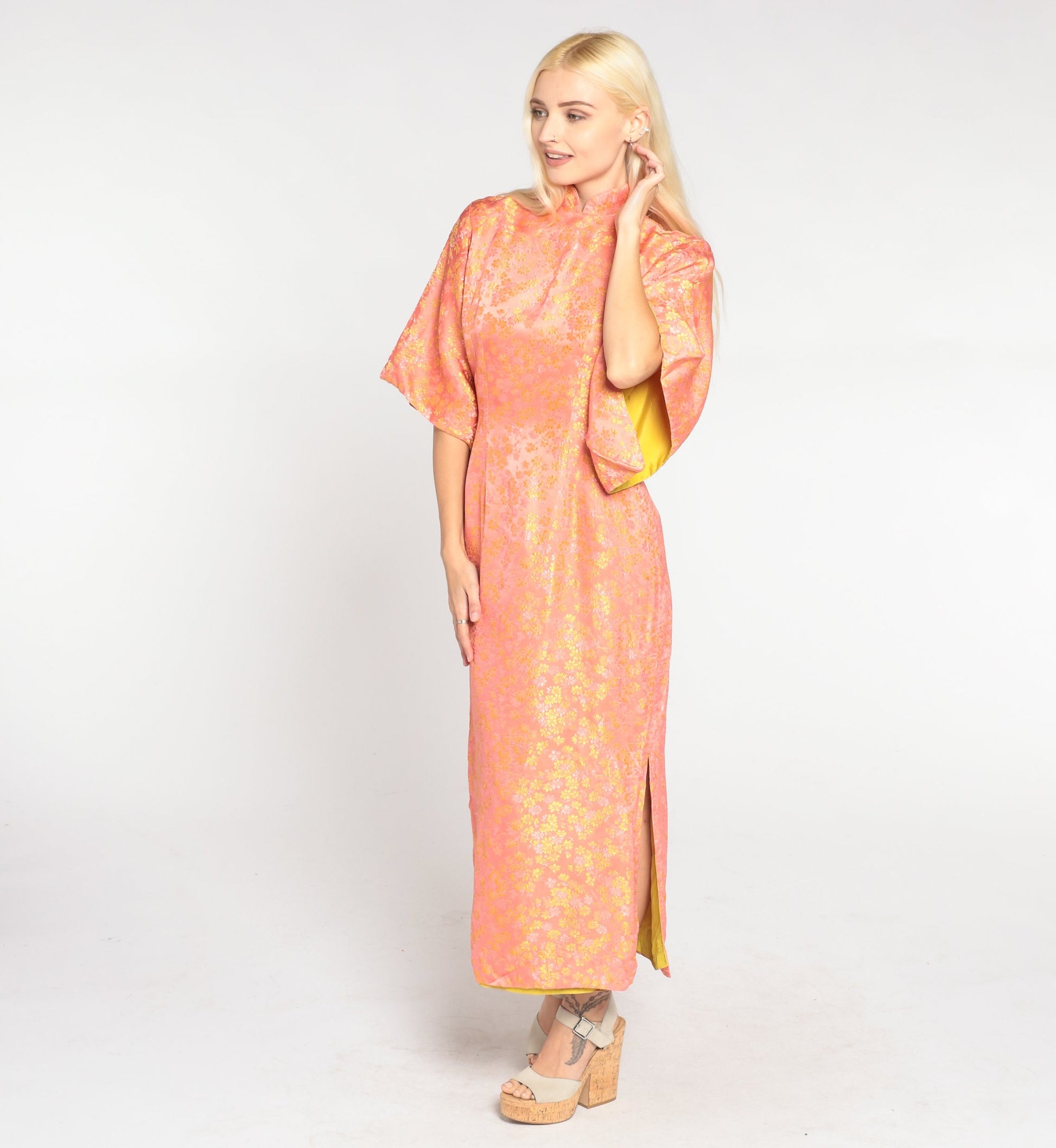 60s Peach Silk Floral Midi Dress Mandarin Collar Bell Sleeve Side Slit Extra Small XS