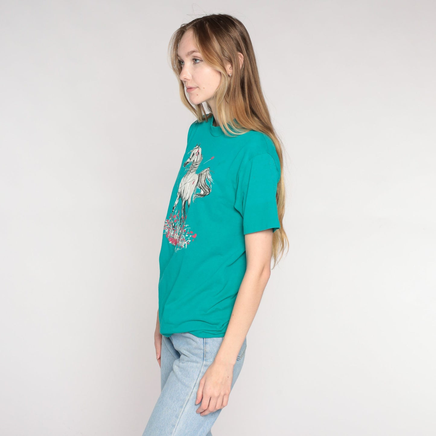 90s Glitter Horse Floral Graphic Tee Teal Green Single Stitch Small