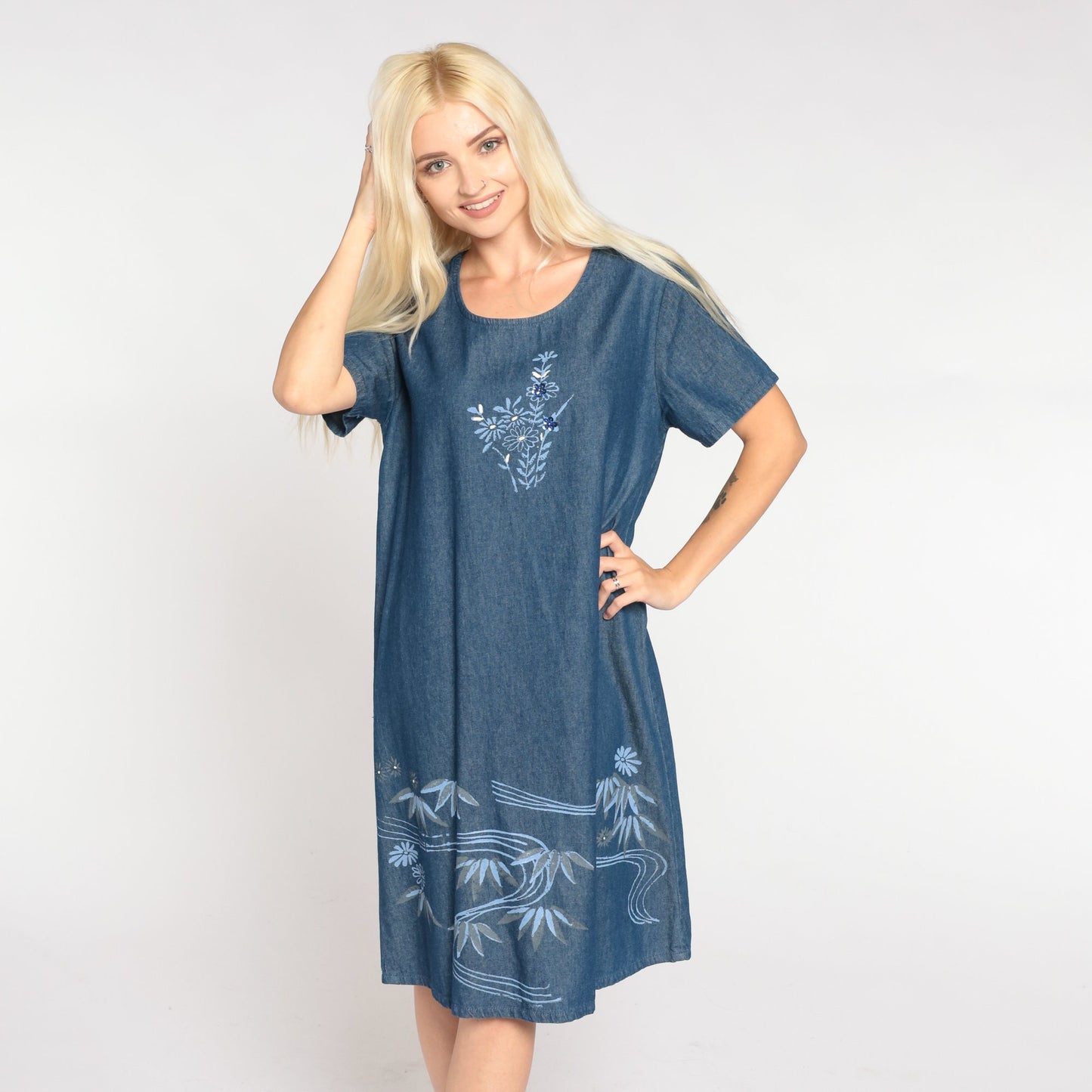 90s Floral Denim Shift Dress Blue Sequin Beaded Short Sleeve Medium M