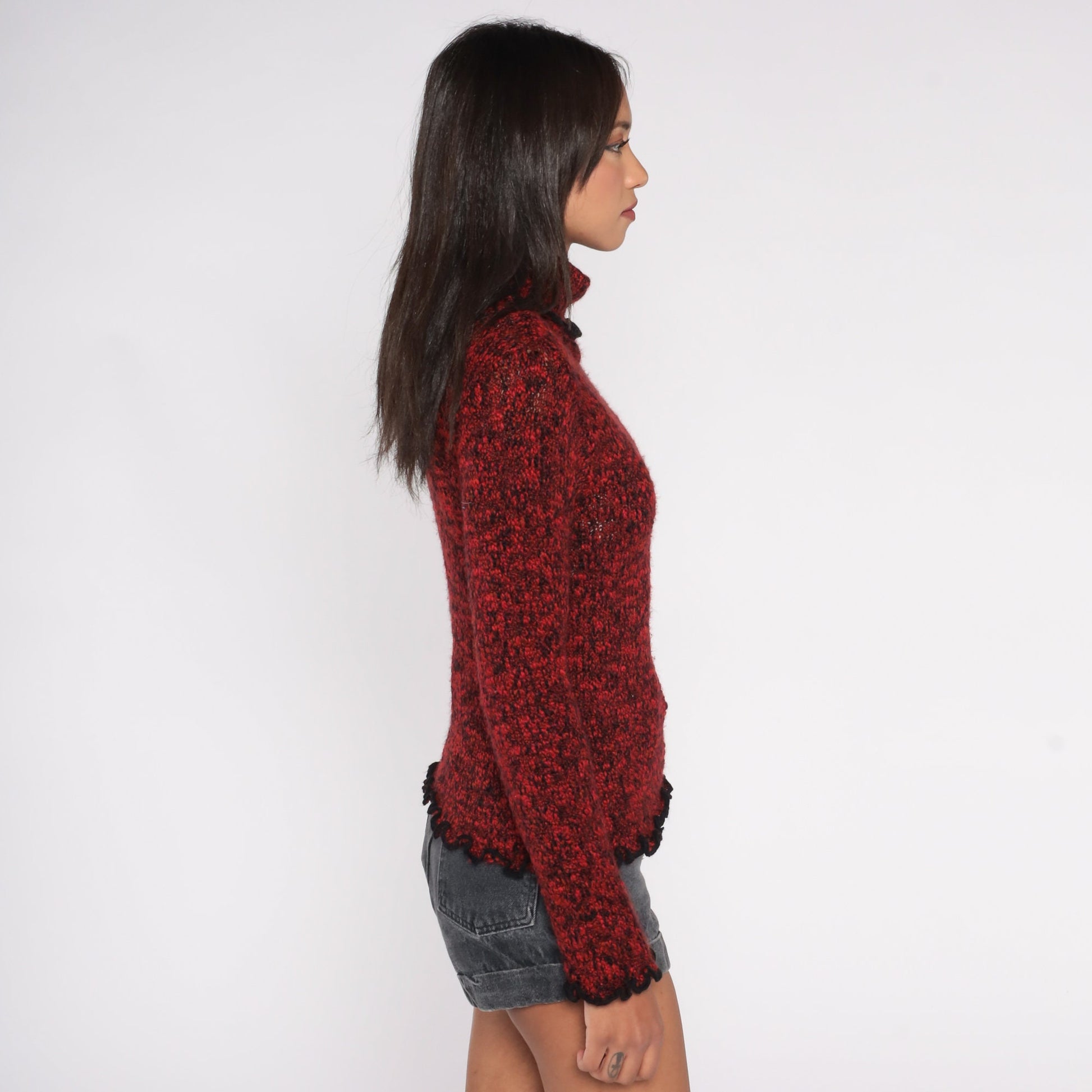 90s Red Black Flecked Turtleneck Sweater Lettuce Edge Knit Medium M