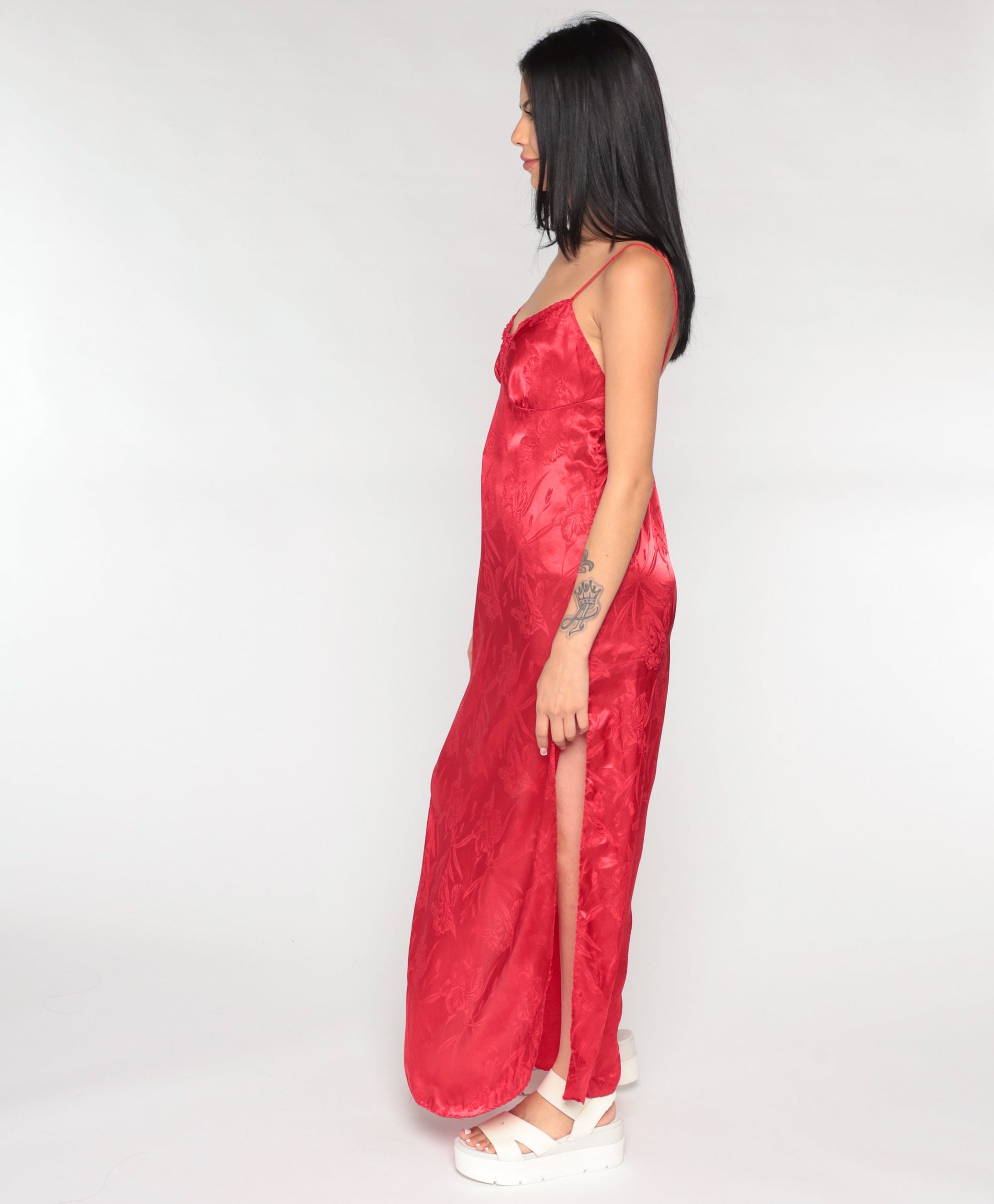 90s Red Satin Nightgown Maxi Slip Dress Embossed Floral Spaghetti Strap Medium