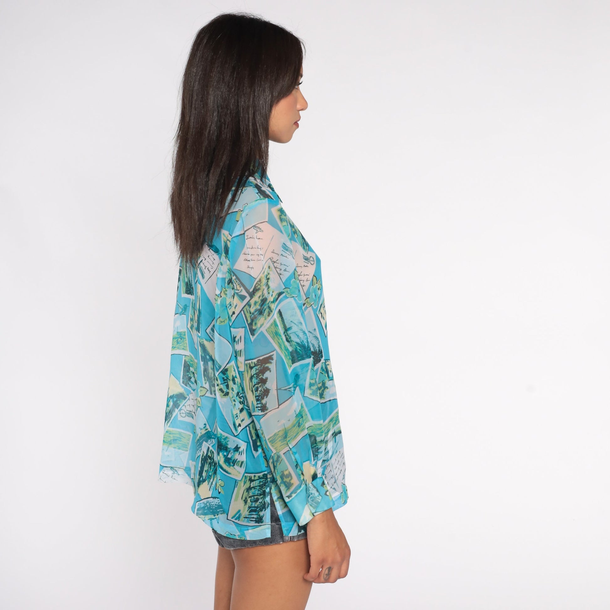 90s Travel Postcard Print Sheer Blue Button-Up Blouse Long Sleeve Medium M