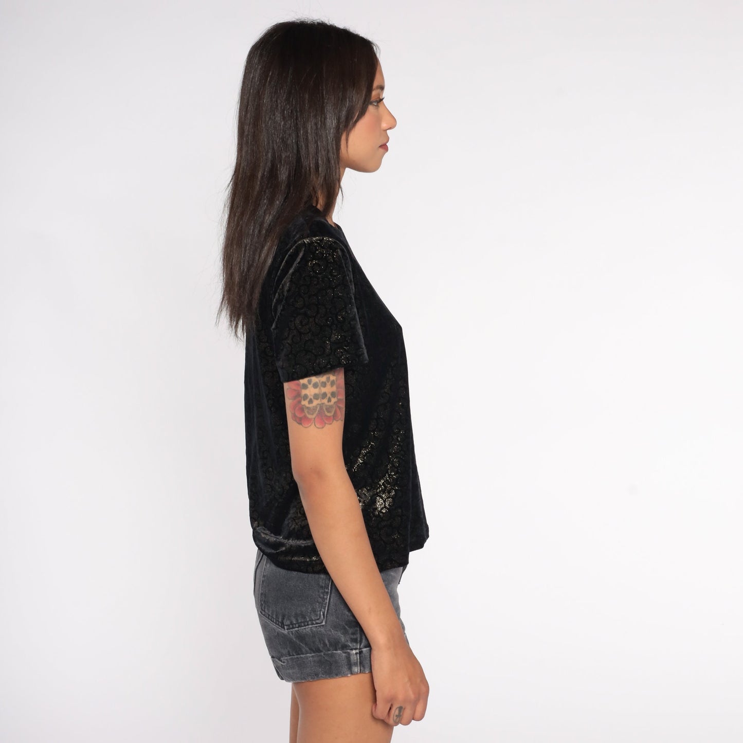 90s Black Velvet Swirl Print Sparkly Short Sleeve Top Medium M