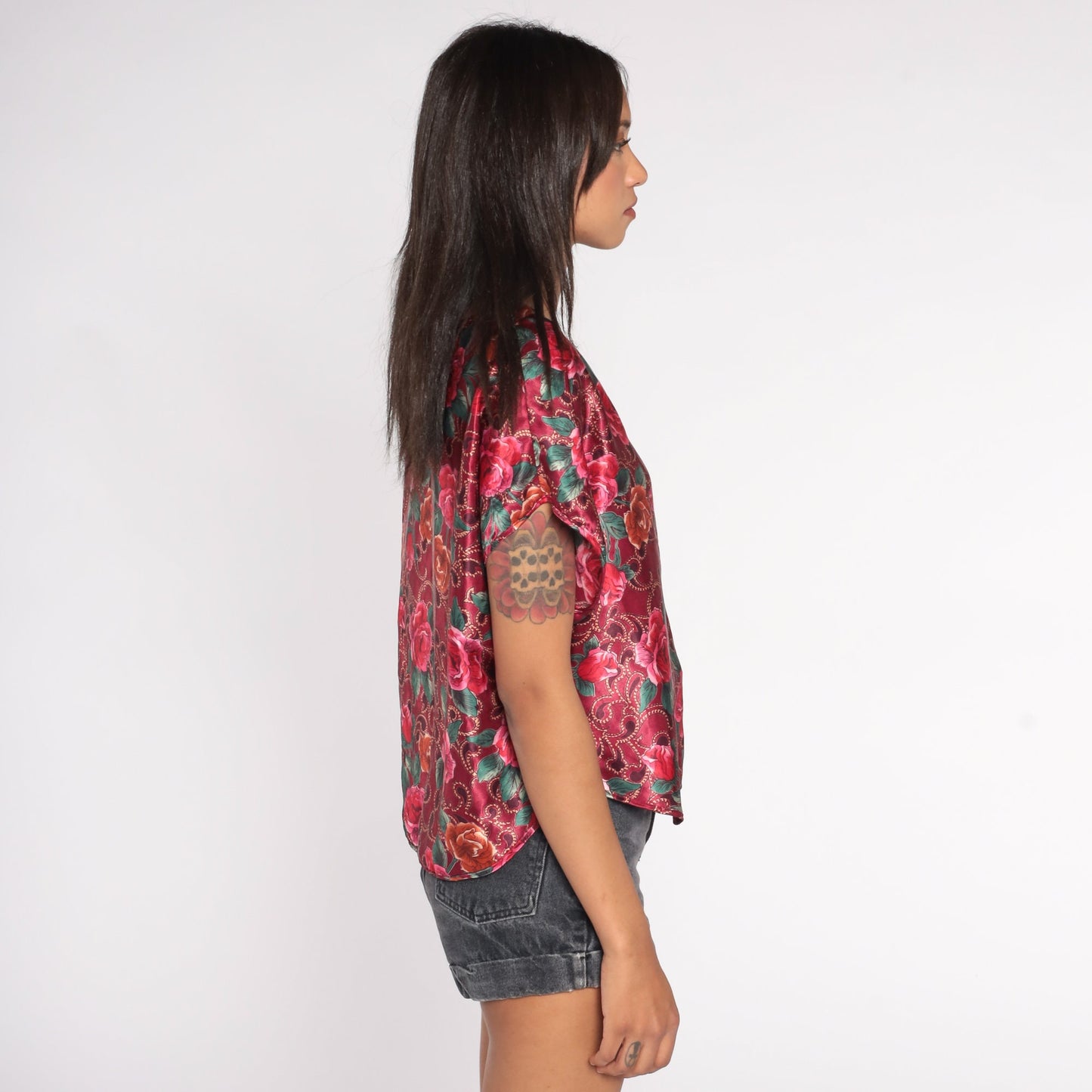 90s Red Floral Shiny Blouse Short Sleeve Scoop Neck Small