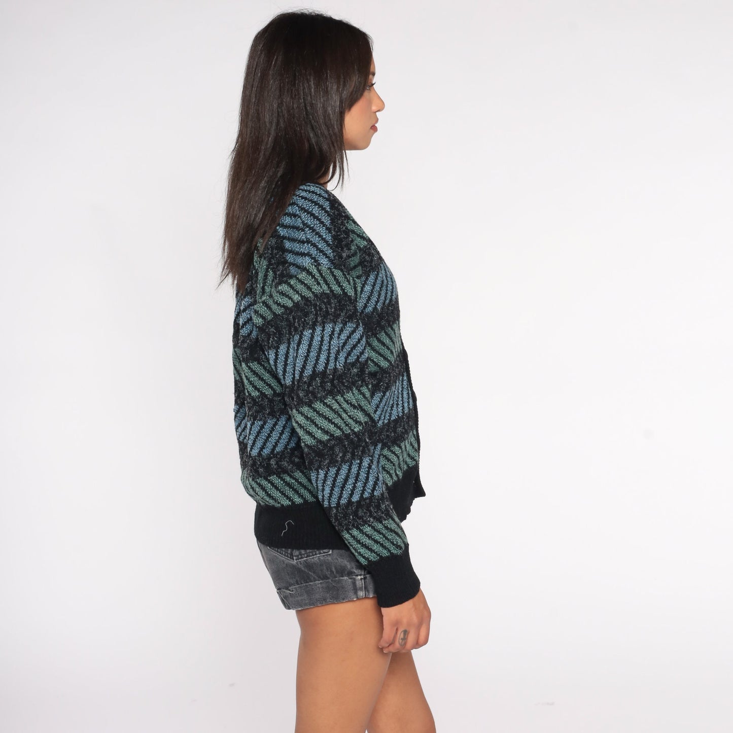 90s Striped Cardigan Wool Blend Knit Sweater Black Blue Green Medium M