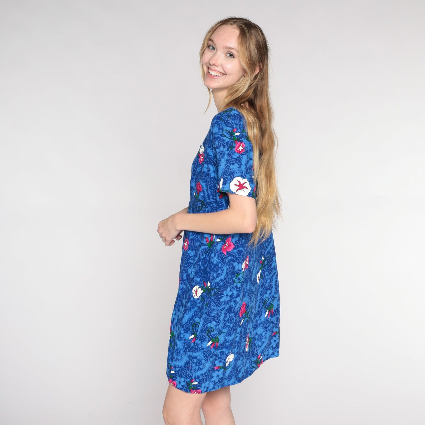 Y2K Tropical Floral Mini Dress Blue Rayon Empire Waist V-Neck Medium M